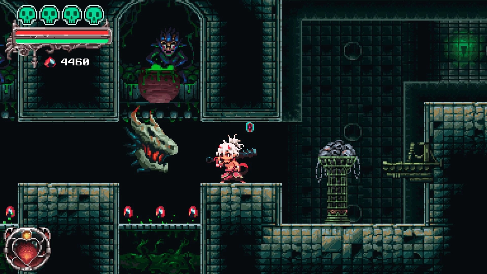 Okko The Exiled: Okko stands ready with a club in a dark dungeon, facing a dragon skull and a cauldron.