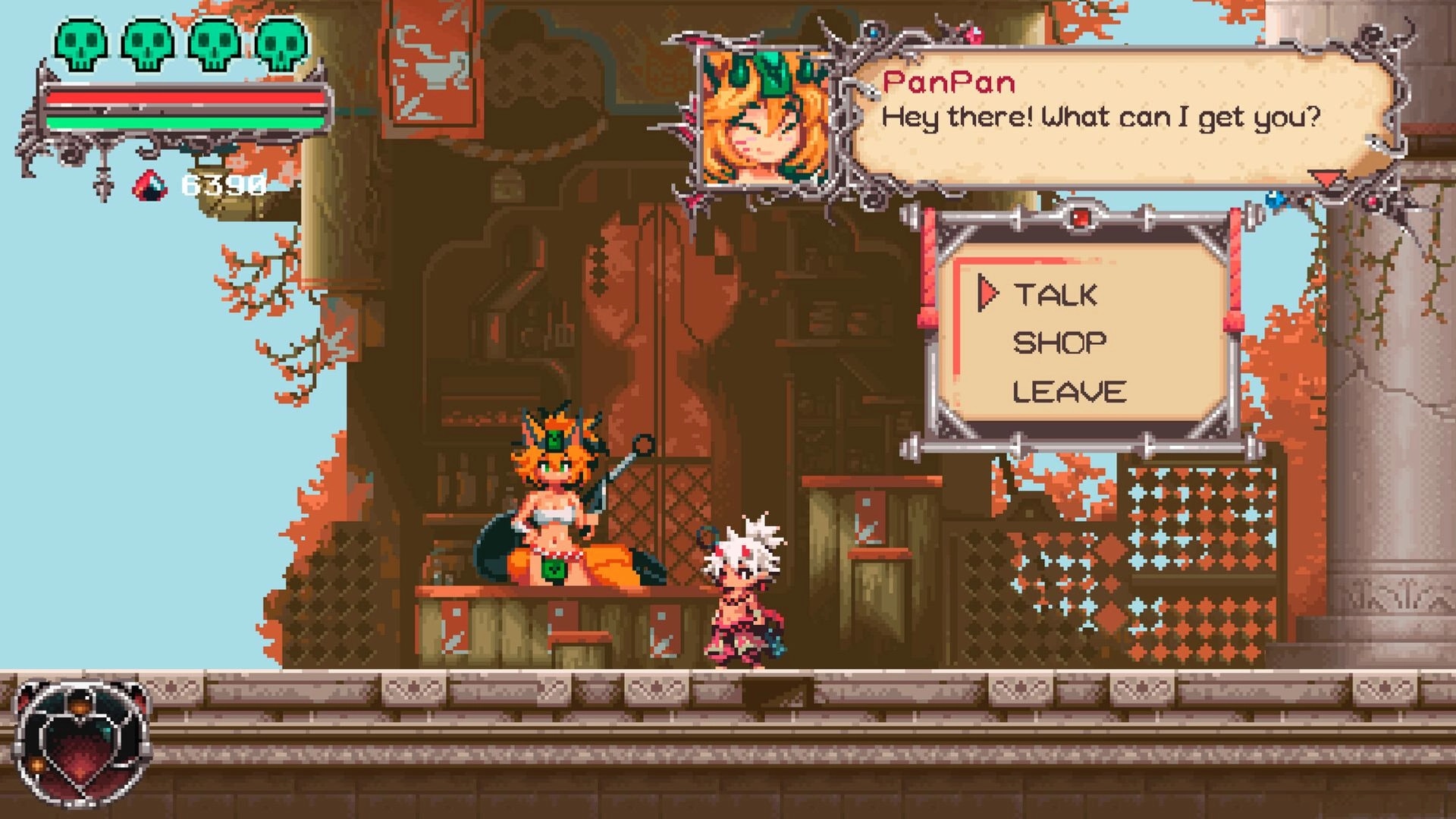 Okko The Exiled: Okko converses with PanPan in a rustic village shop, dialogue options visible