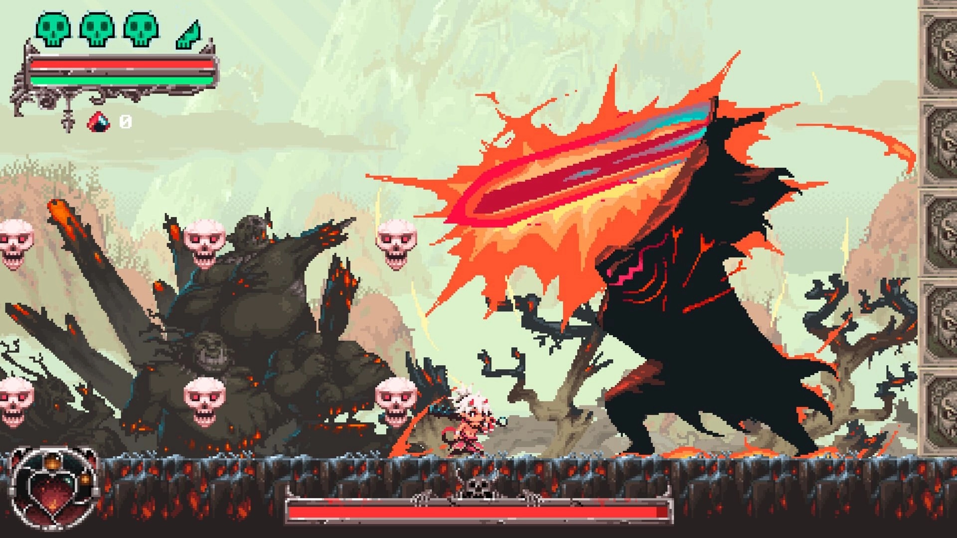 Okko The Exiled: Okko battles a giant shadow demon in a dark, twisted forest with floating skulls.