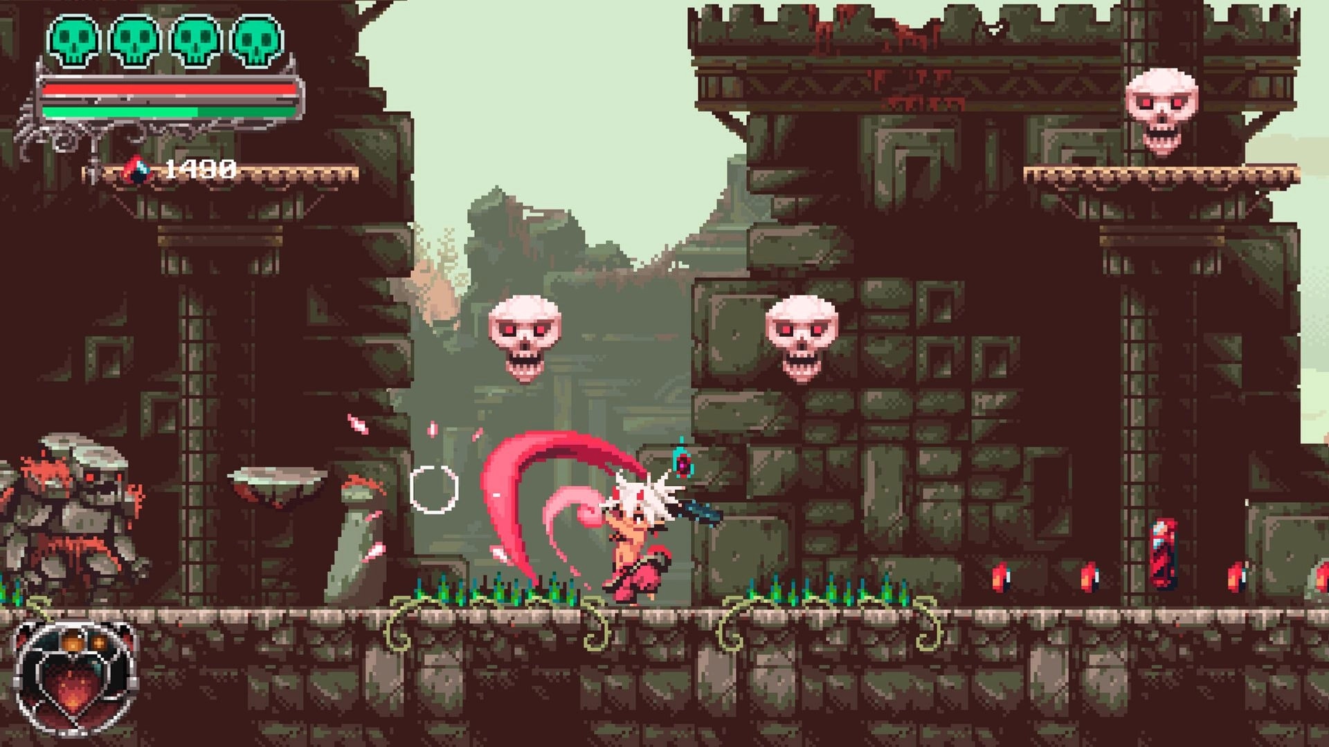 Okko The Exiled: Okko slashing skull enemies in a dark stone fortress with health bar and score visible