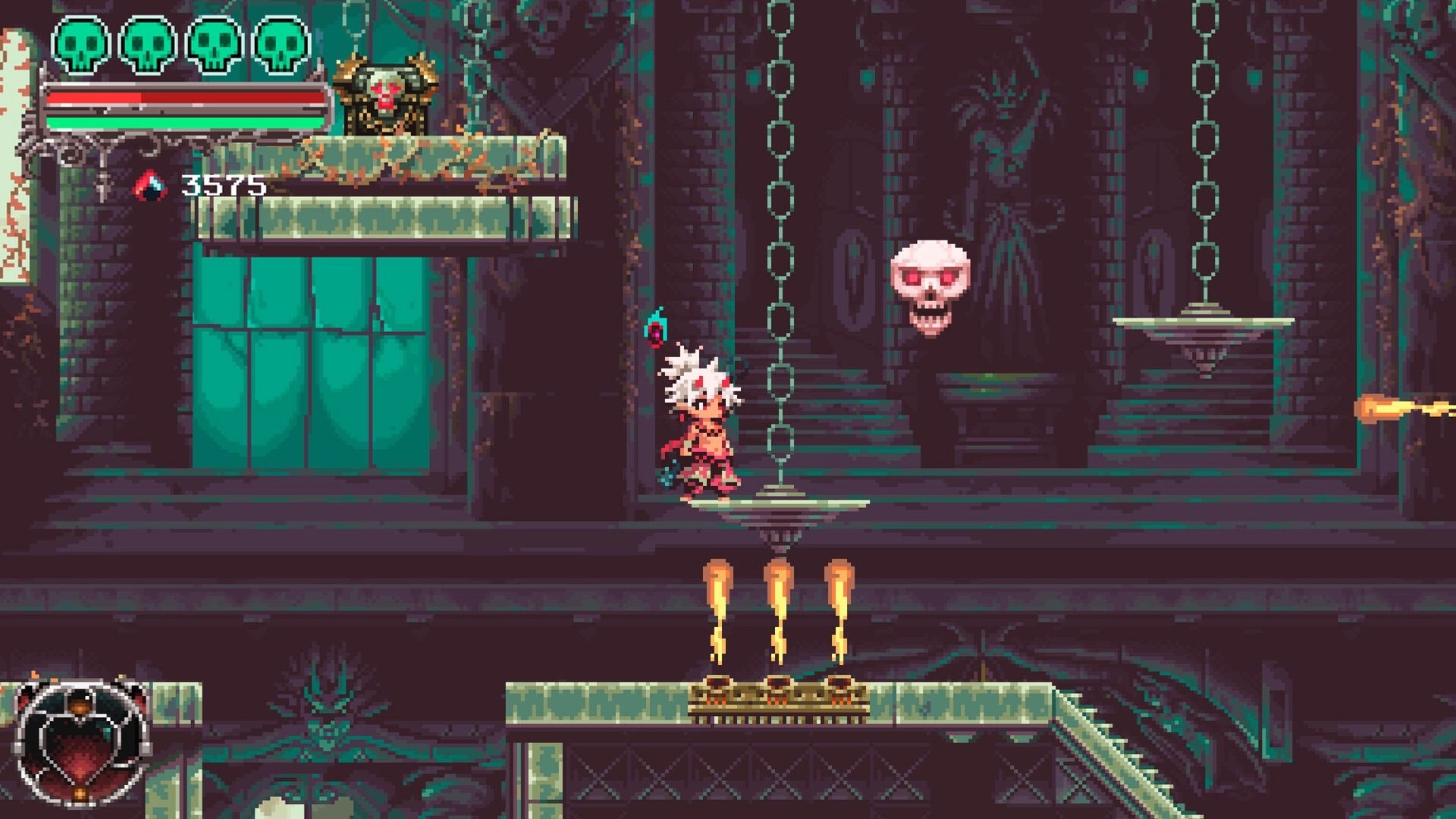 Okko The Exiled: Okko navigates a dungeon with chains, skull enemy, and flaming traps in dark temple.