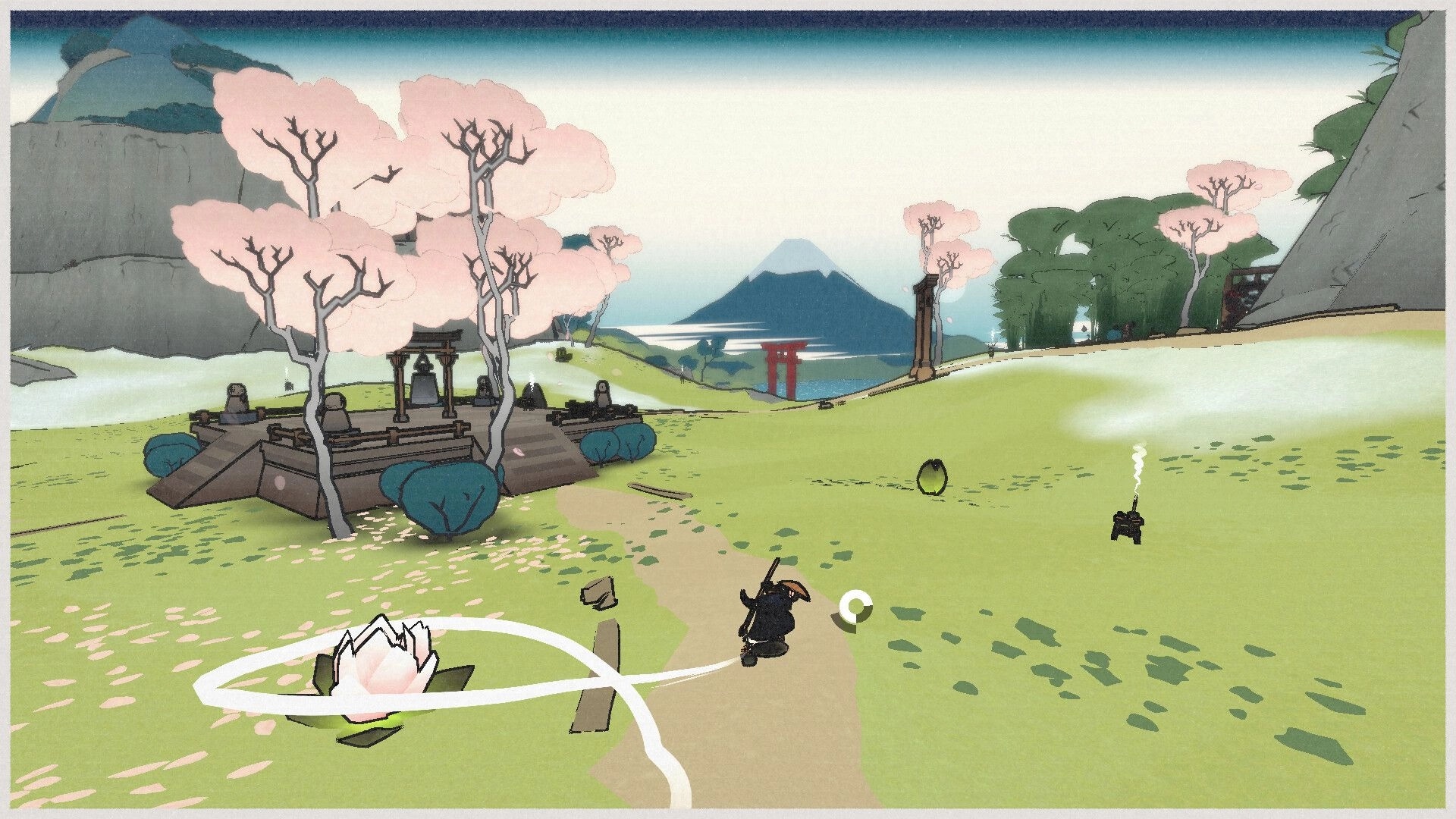 OKU: Monk walks along path with cherry blossoms and distant mountain in serene Japanese landscape