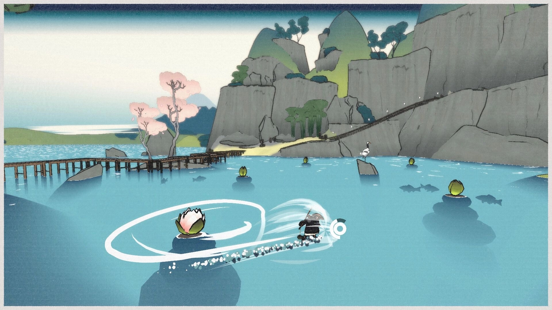 OKU: Monk glides on water towards lotus, surrounded by serene cliffs and cherry blossoms in calm setting.