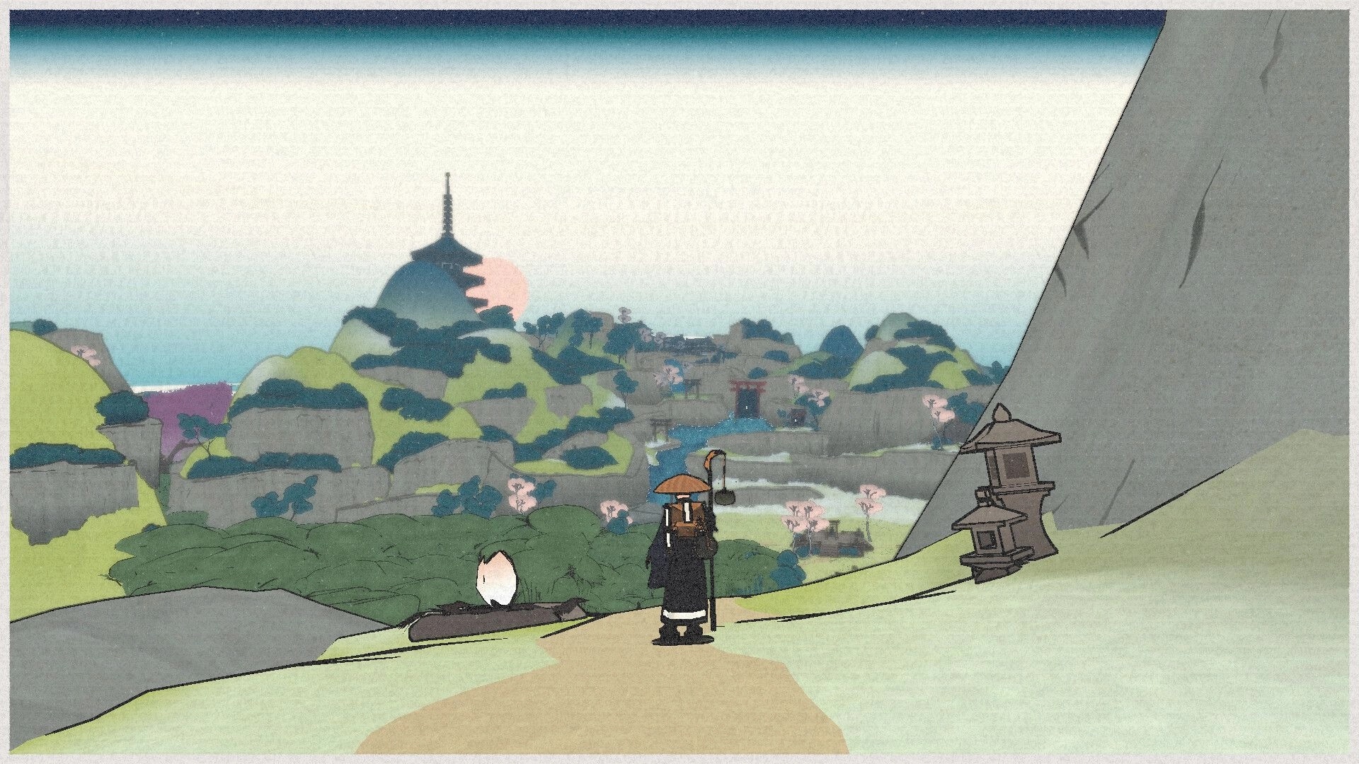 OKU: Monk stands on hill overlooking a serene village with cherry blossoms and distant pagoda at sunrise.