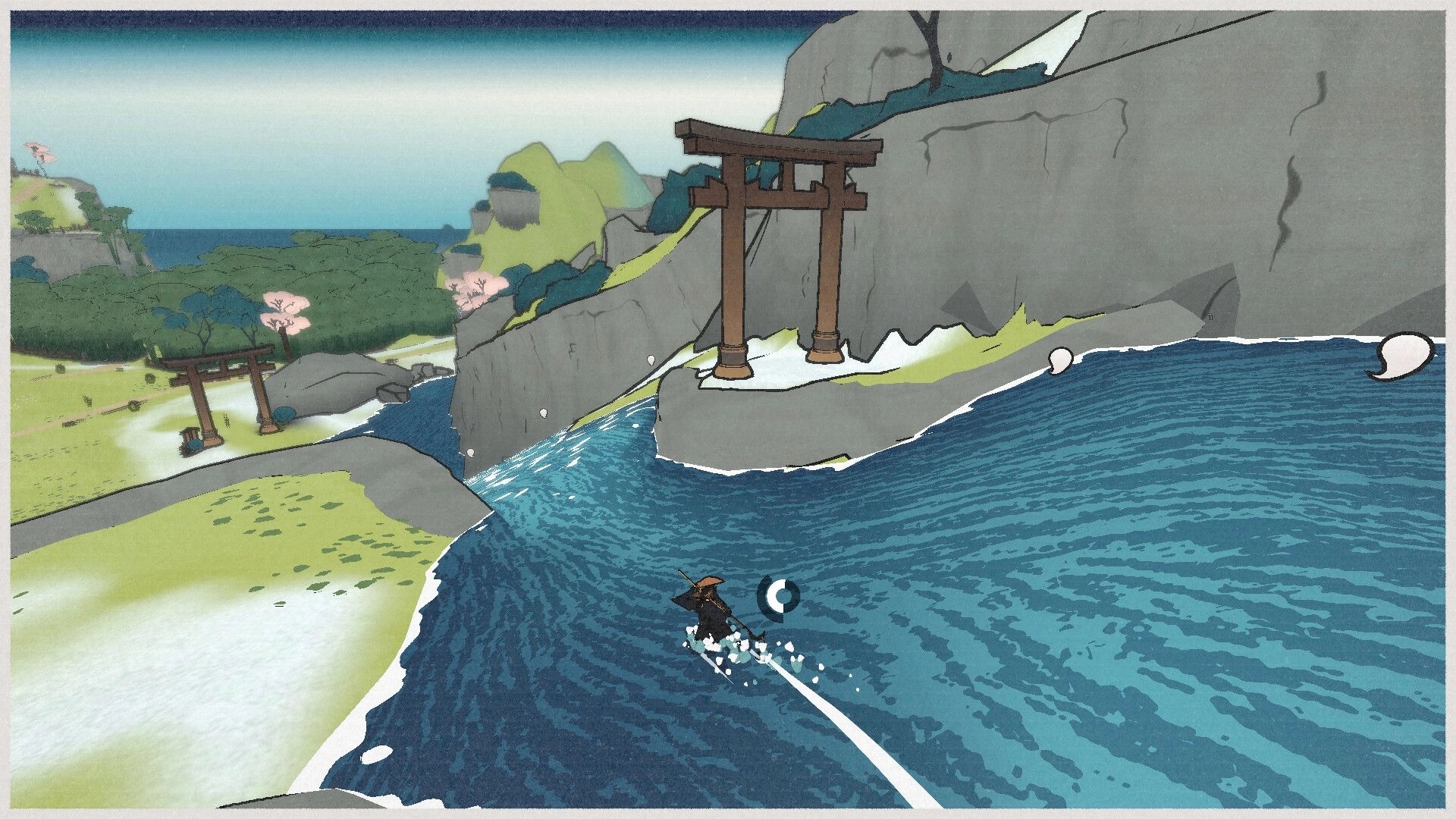 OKU: Monk riding river current past torii gate in stylized Japanese landscape with cherry blossoms