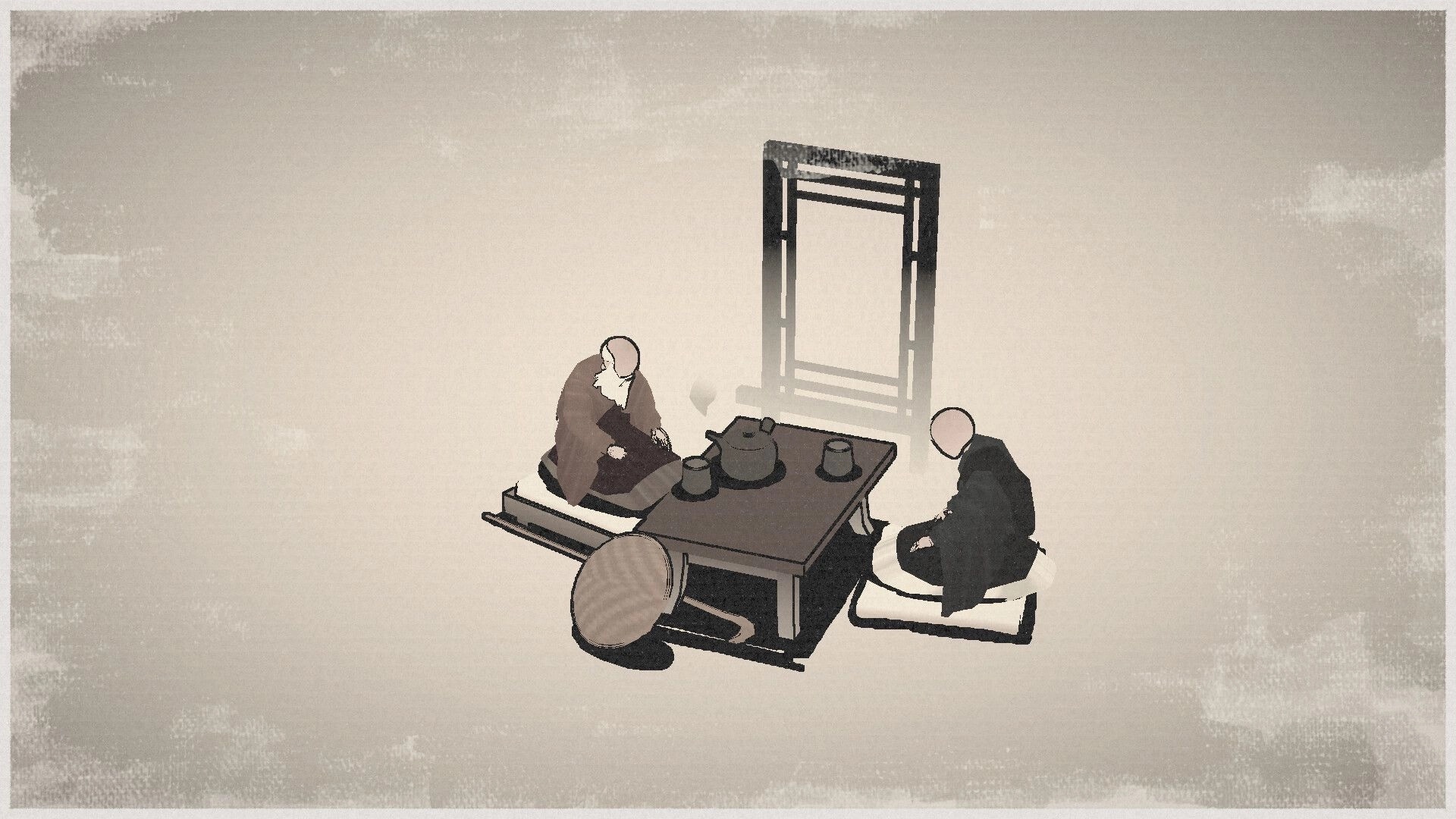 OKU: Two monks sit at a low table, engaging in a serene setting with traditional tea utensils.