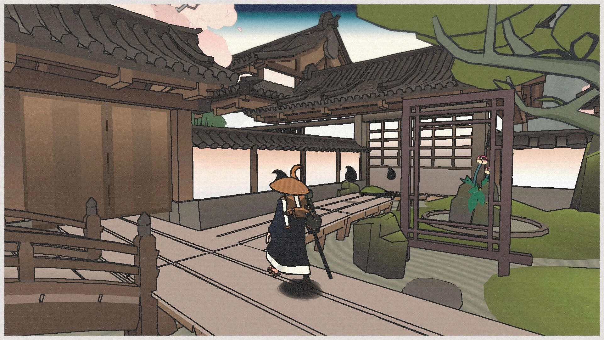 OKU: Monk walks through serene Japanese temple garden, cherry blossoms and traditional architecture around