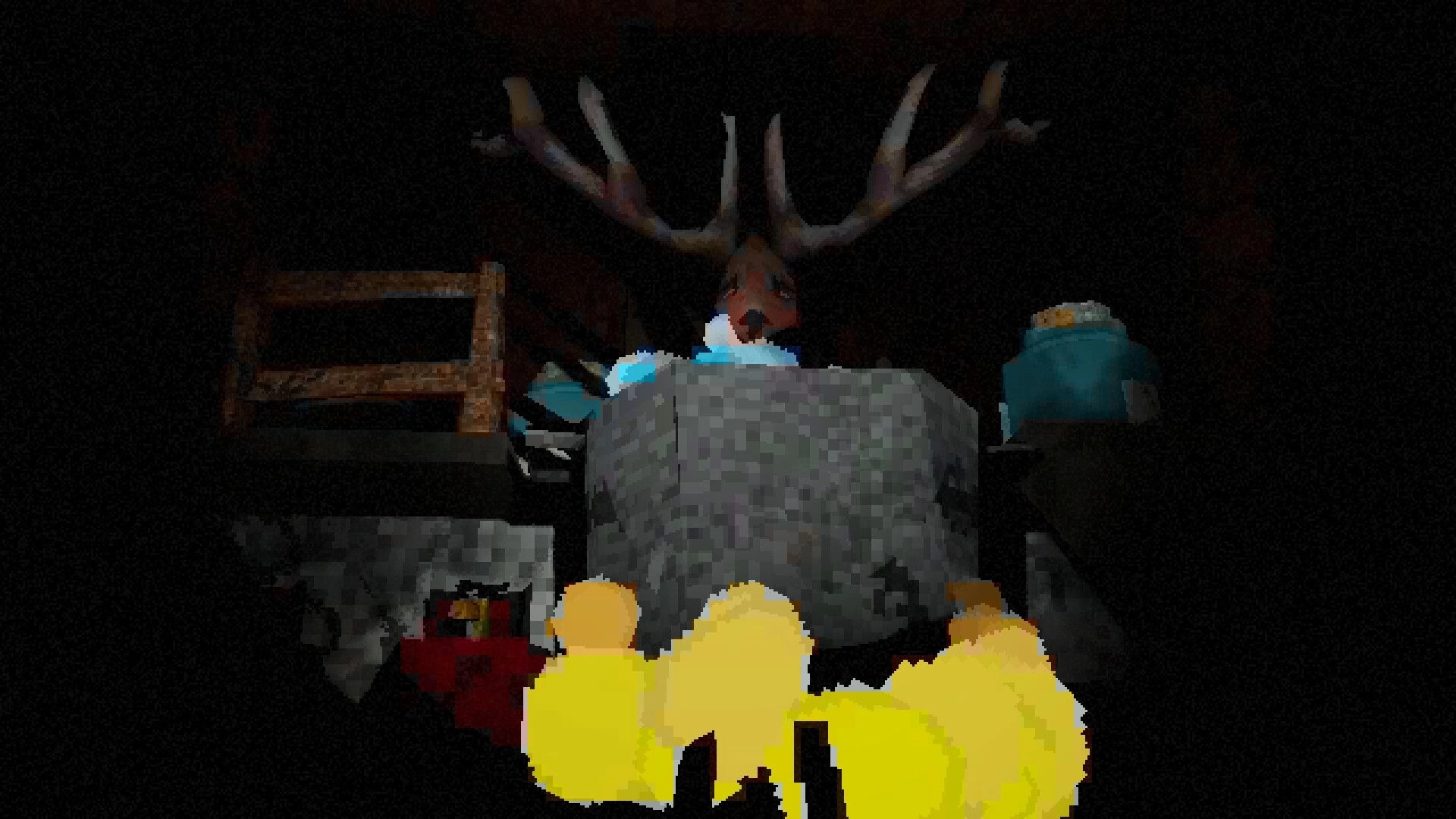 OKUREK: Antlered deer head mounted above a stone altar with candles, jars, and cluttered shelves in a cave.