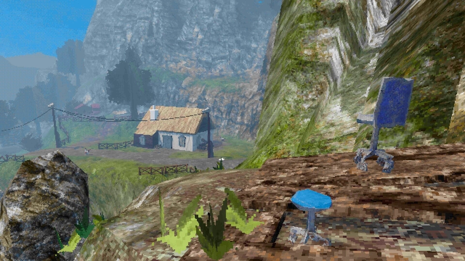 OKUREK: View from rocky ledge toward farm cabin and fences, with blue mushrooms in foreground.
