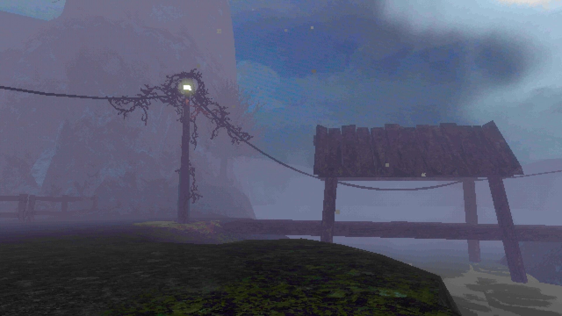 OKUREK: Foggy path with a lit streetlamp tangled in vines beside a wooden bridge railing.