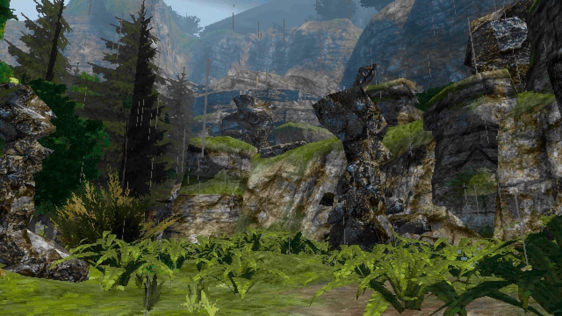 OKUREK: Rain falls on mossy cliffs and fir trees in a rocky mountain gorge with ferns below.