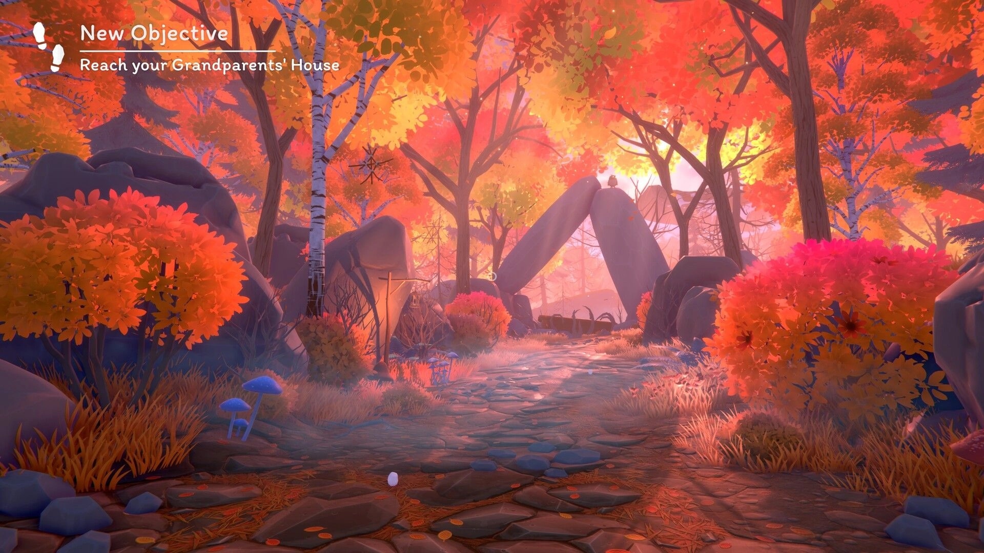 Olga: New objective to reach grandparents' house on a stone path through bright autumn woods.