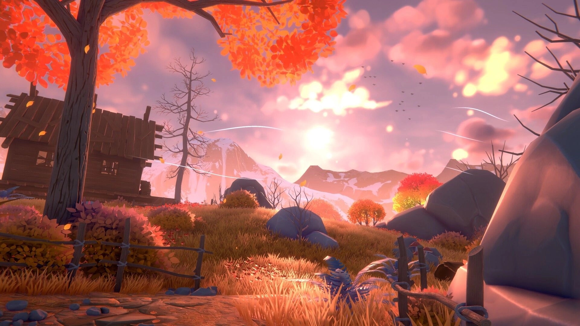 Olga: First-person view of autumn hillside with broken shack, rocks, and distant mountains at sunset.