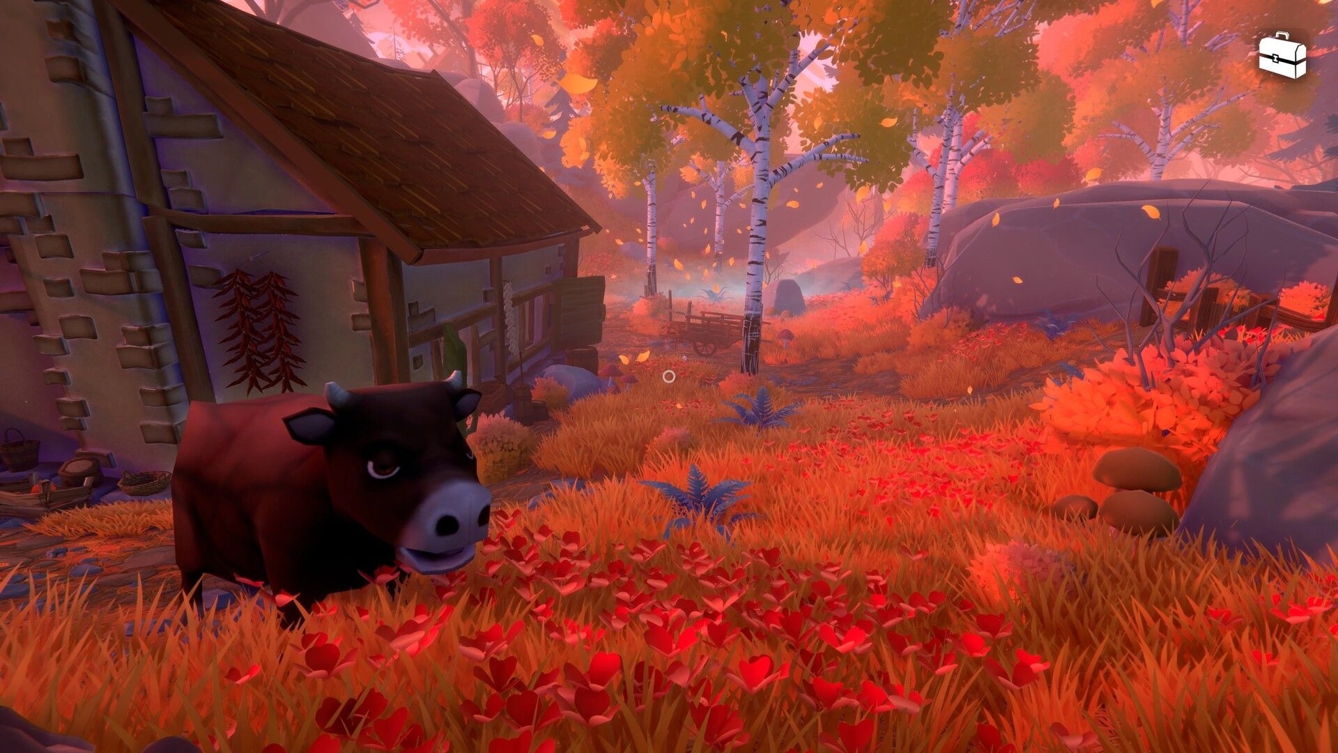 Olga: First-person view of a cow by a cottage, autumn birch grove path, toolbox icon UI visible.