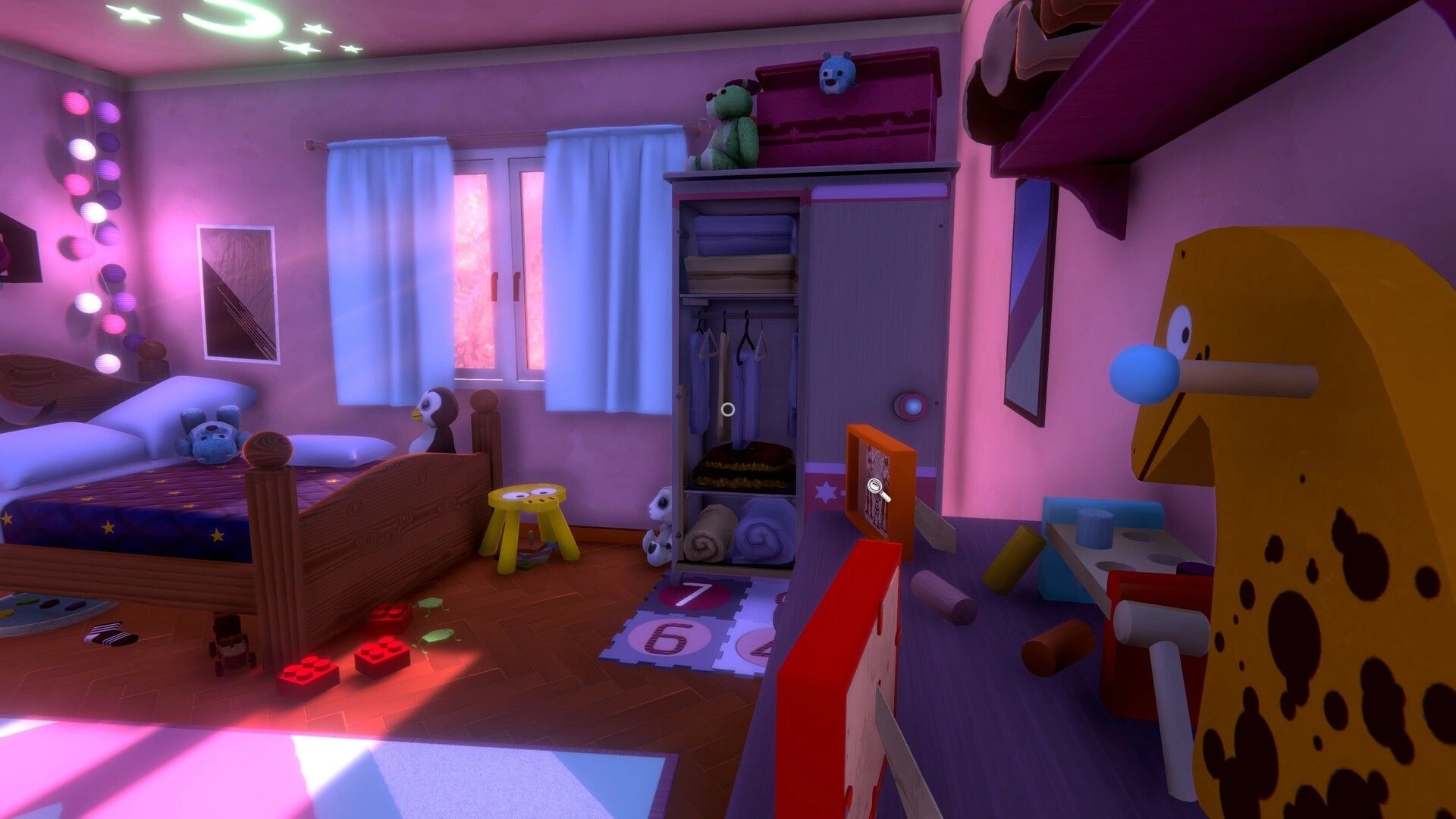 Olga: First-person view of a child’s bedroom with toys, bed, and open wardrobe in pink light.