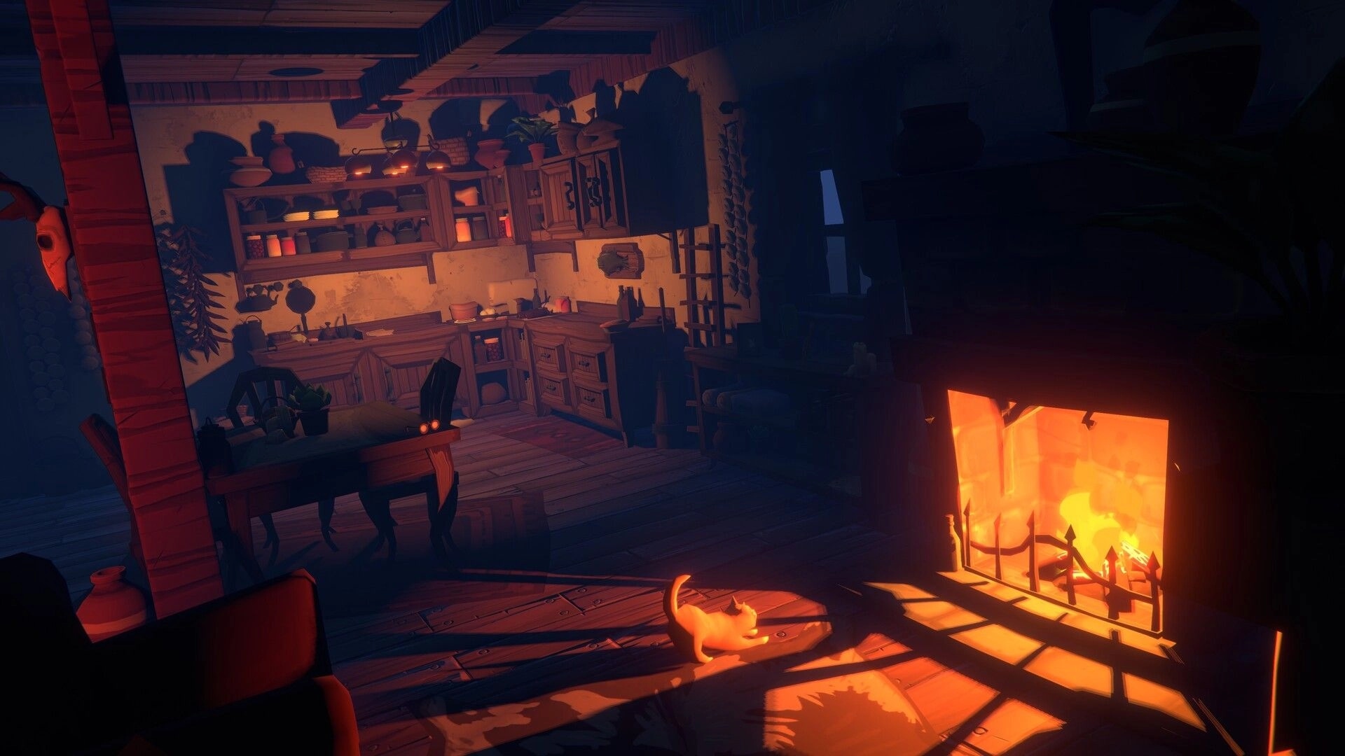 Olga: Cat stretches by a roaring fireplace in a rustic kitchen with shelves of pots and jars.