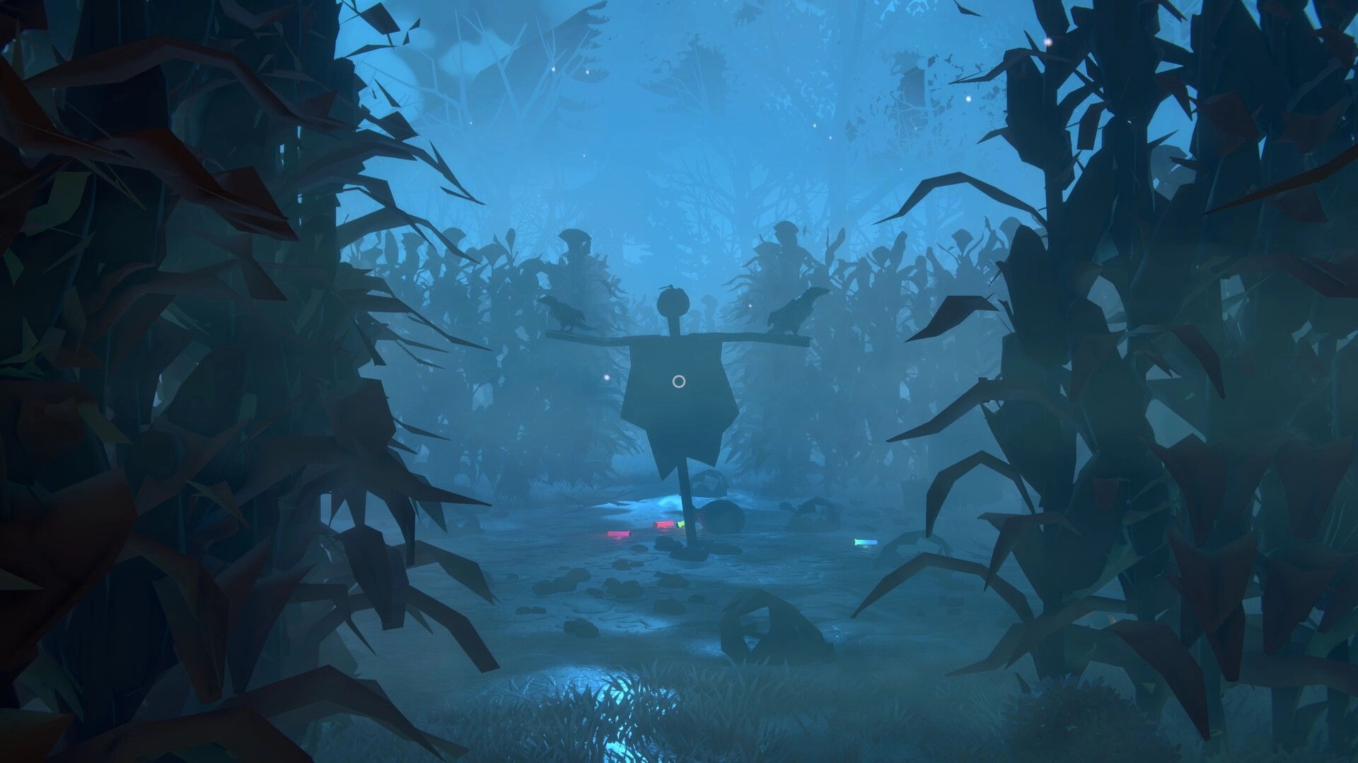 Olga: Crosshair centered on a scarecrow with crows in a foggy cornfield at night.