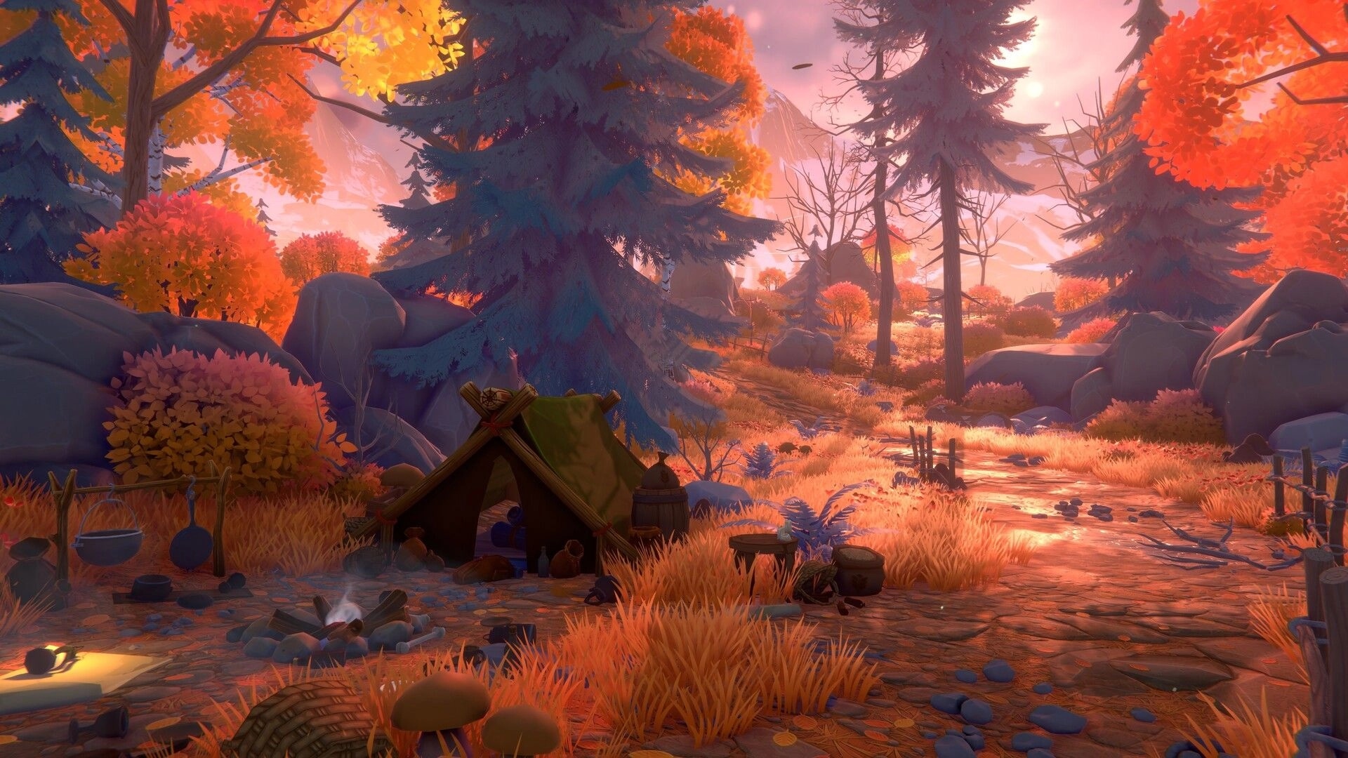 Olga: Exploring a quiet campsite with tent and campfire beside a winding forest path at sunset.