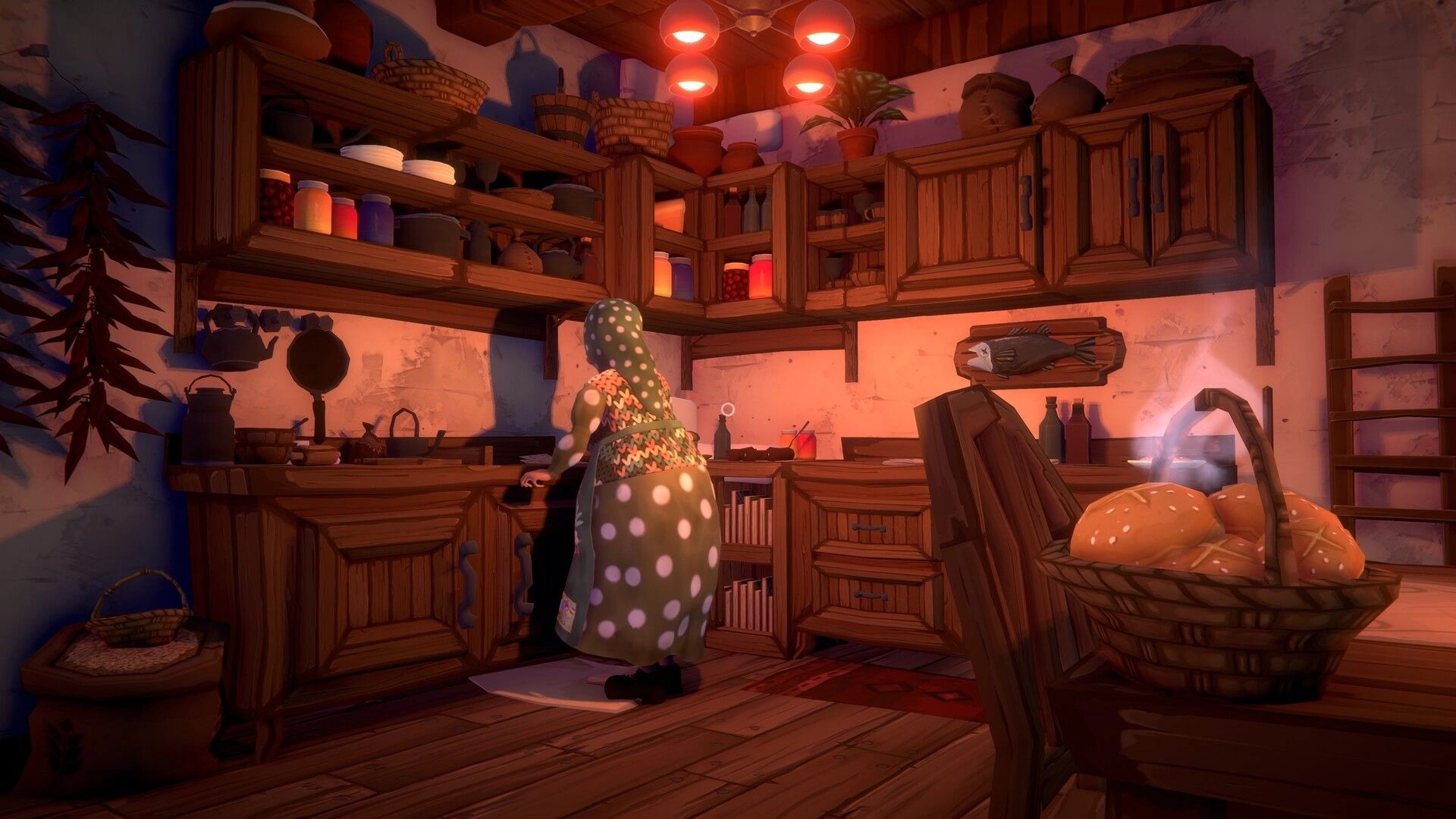 Olga: Elderly woman stands at kitchen counter amid wooden shelves of jars, bread basket, warm lamps.