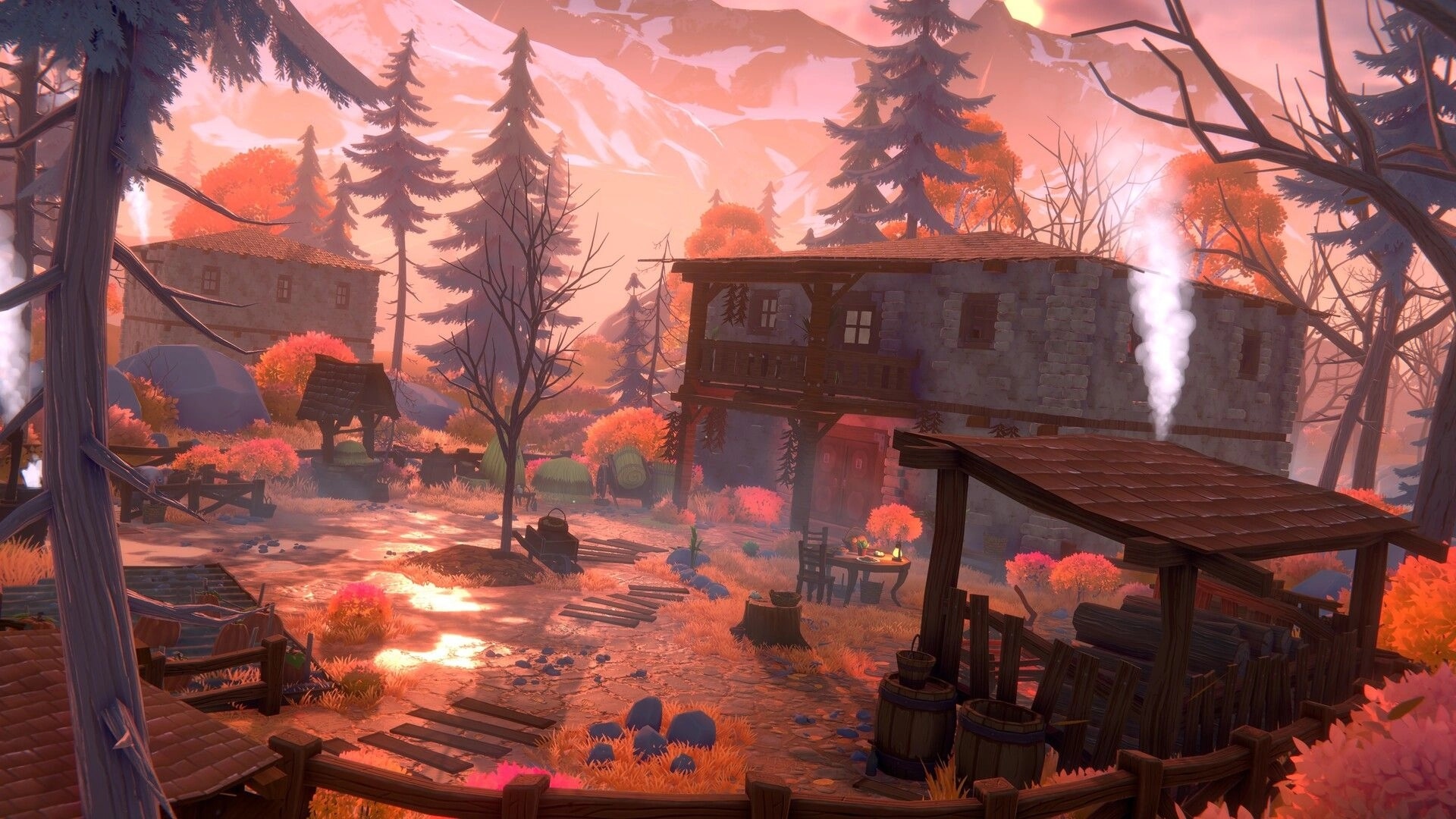 Olga: Exploring a quiet village yard with stone houses, smoke chimney, well, and forested mountains.