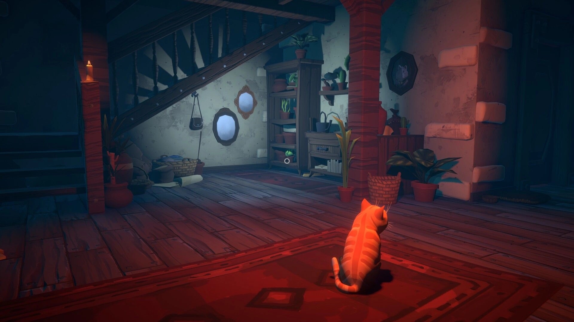 Olga: Orange tabby cat sits on a rug facing a staircase in a cozy wooden house interior.
