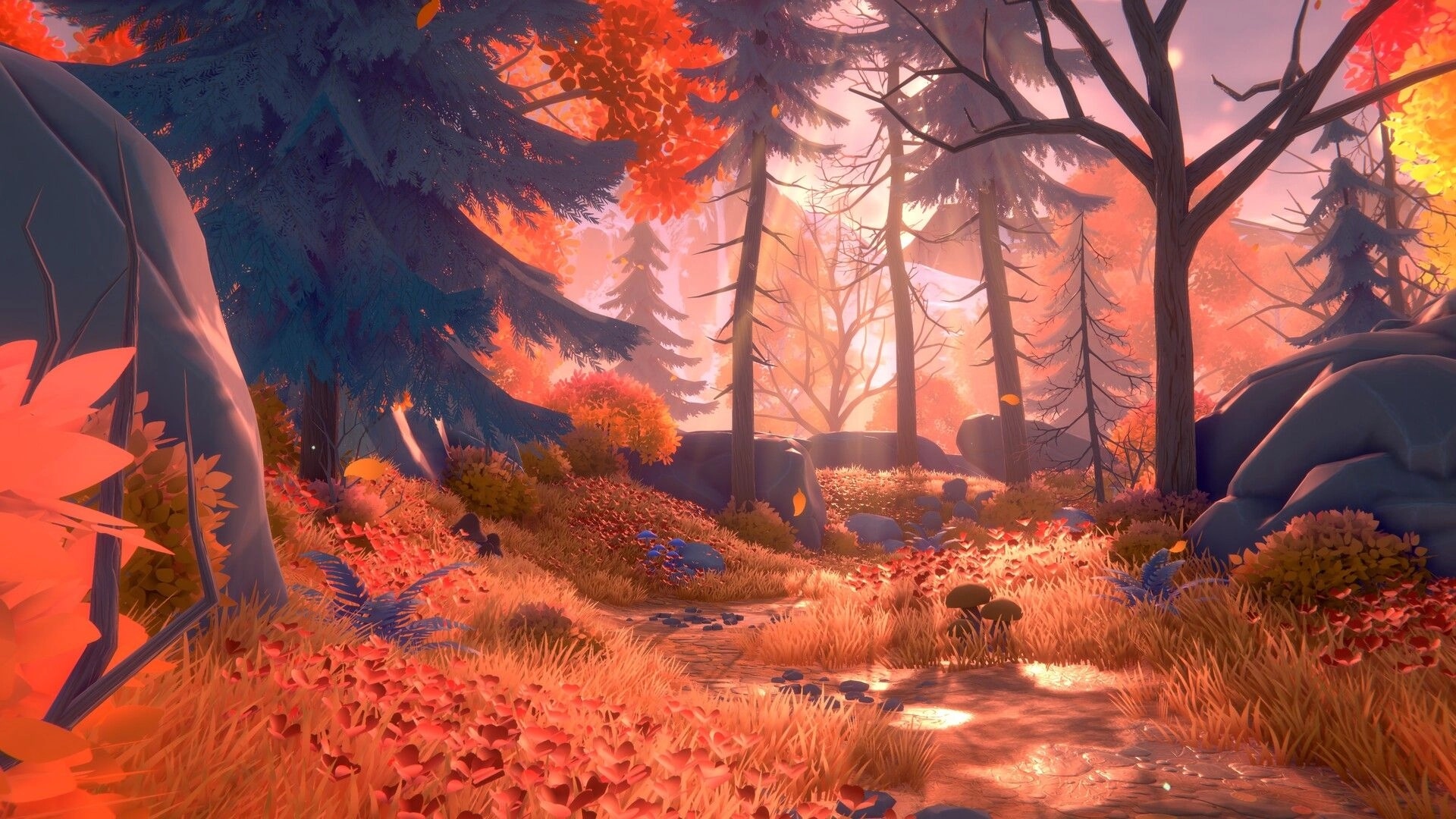 Olga: First-person view down a winding forest path with red leaves, rocks, and tall pines at sunset.