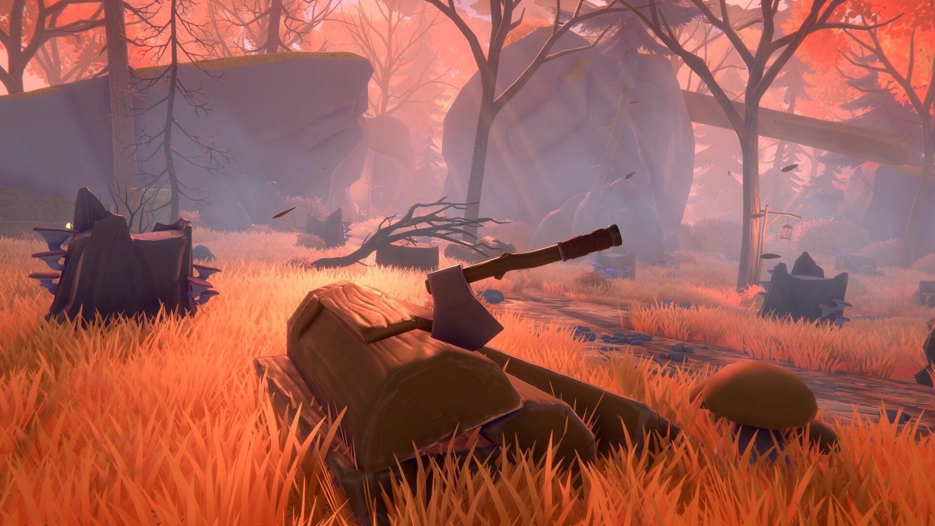 Olga: Axe lodged in a chopping block beside a path through misty autumn woods and boulders.