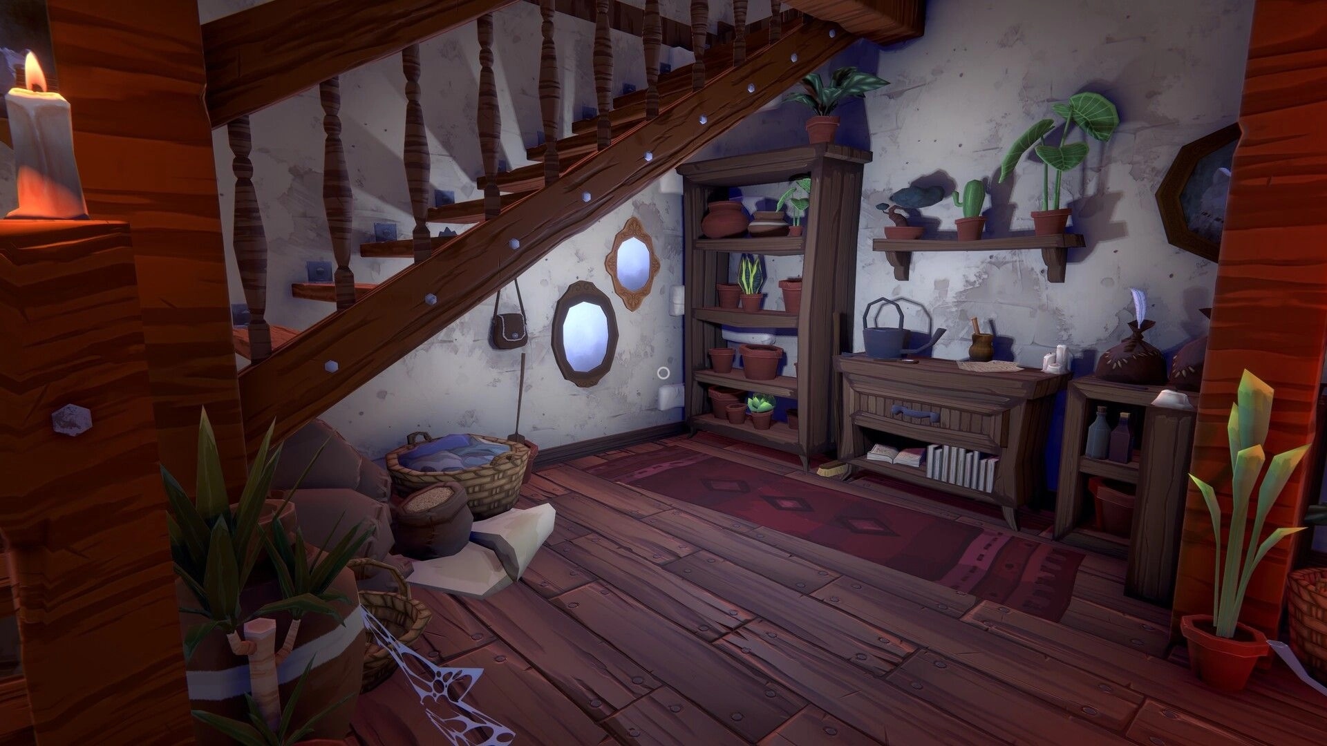 Olga: First-person view of cozy stairwell with plants, shelves, and candlelit wooden interior.