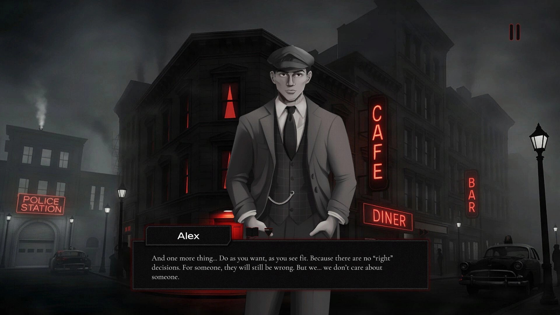Omertà: Alex stands in foggy street with neon signs and police station, delivering a crucial dialogue.