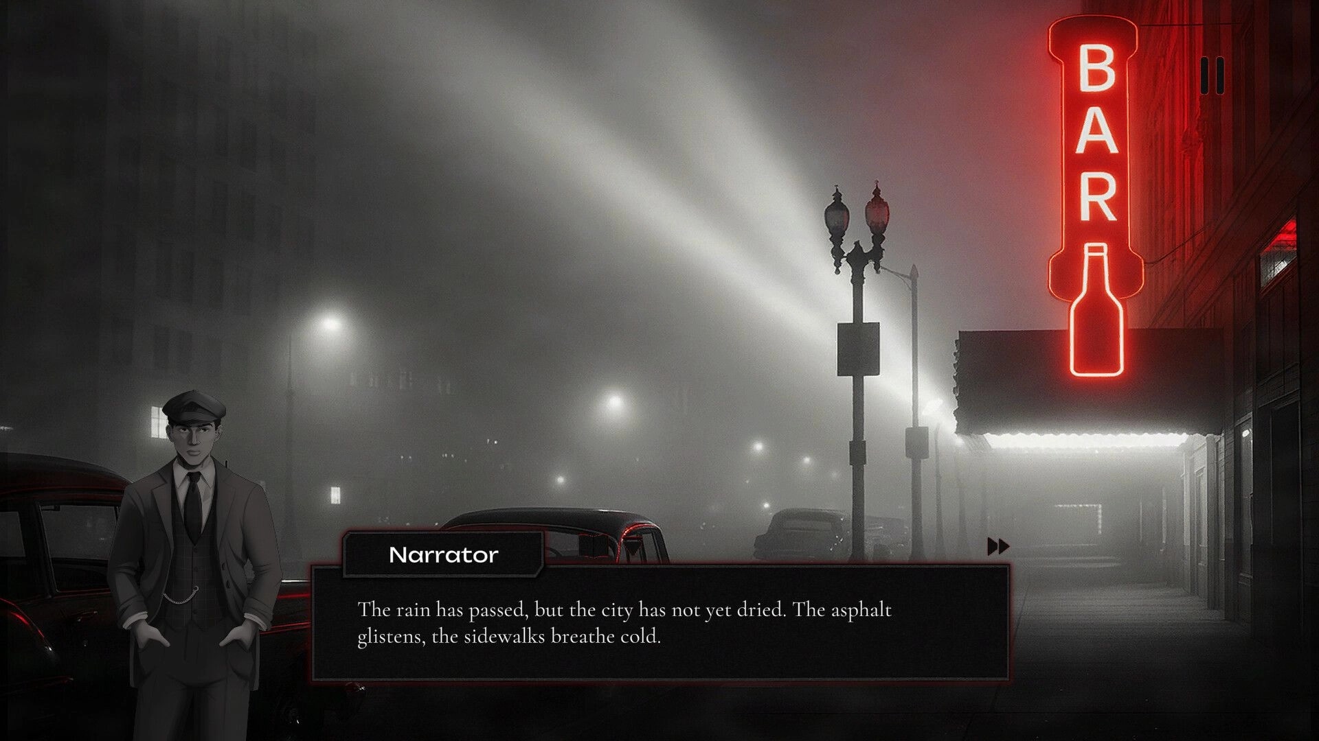 Omertà: A suited man stands by parked cars, neon bar sign glowing, foggy 1950s New York street scene.