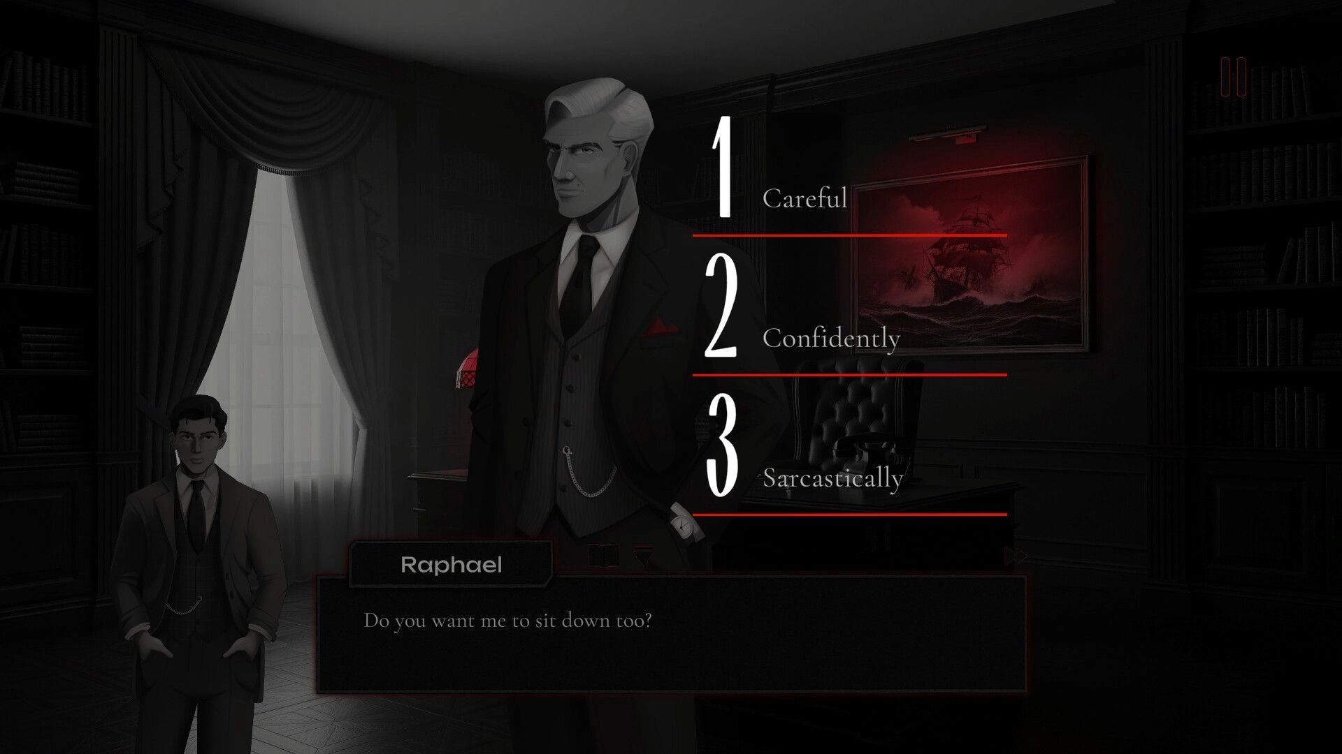 Omertà: Dialogue choice with Raphael in a dimly lit office featuring a large painting and bookshelf.