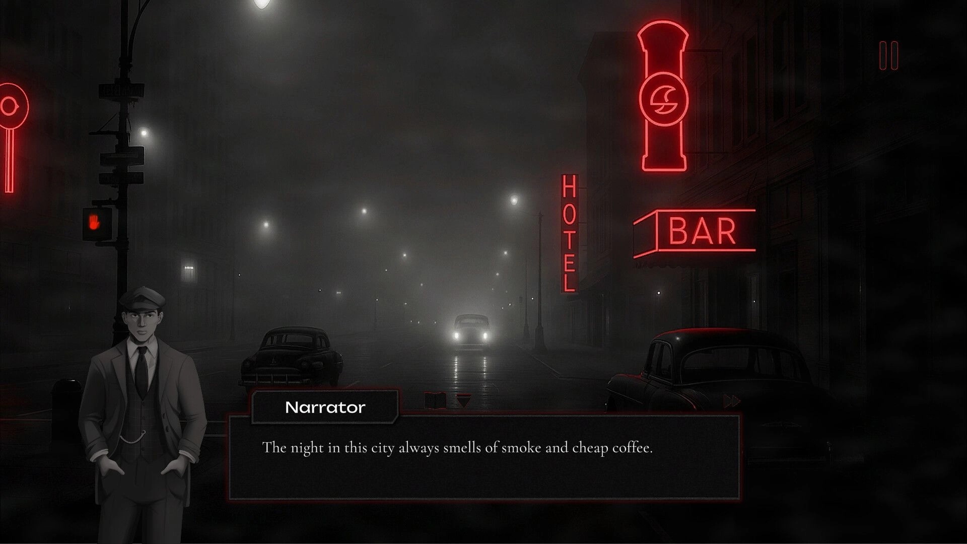 Omertà: Foggy 1950s street scene with neon signs and a narrator textbox in noir visual novel setting.