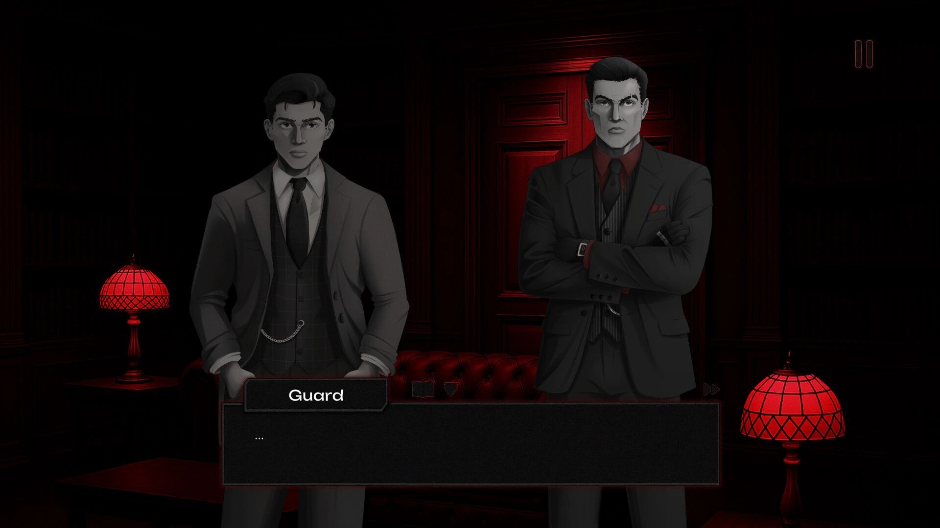 Omertà: Two men stand in a dimly lit room with red lamps, engaging in a tense conversation.