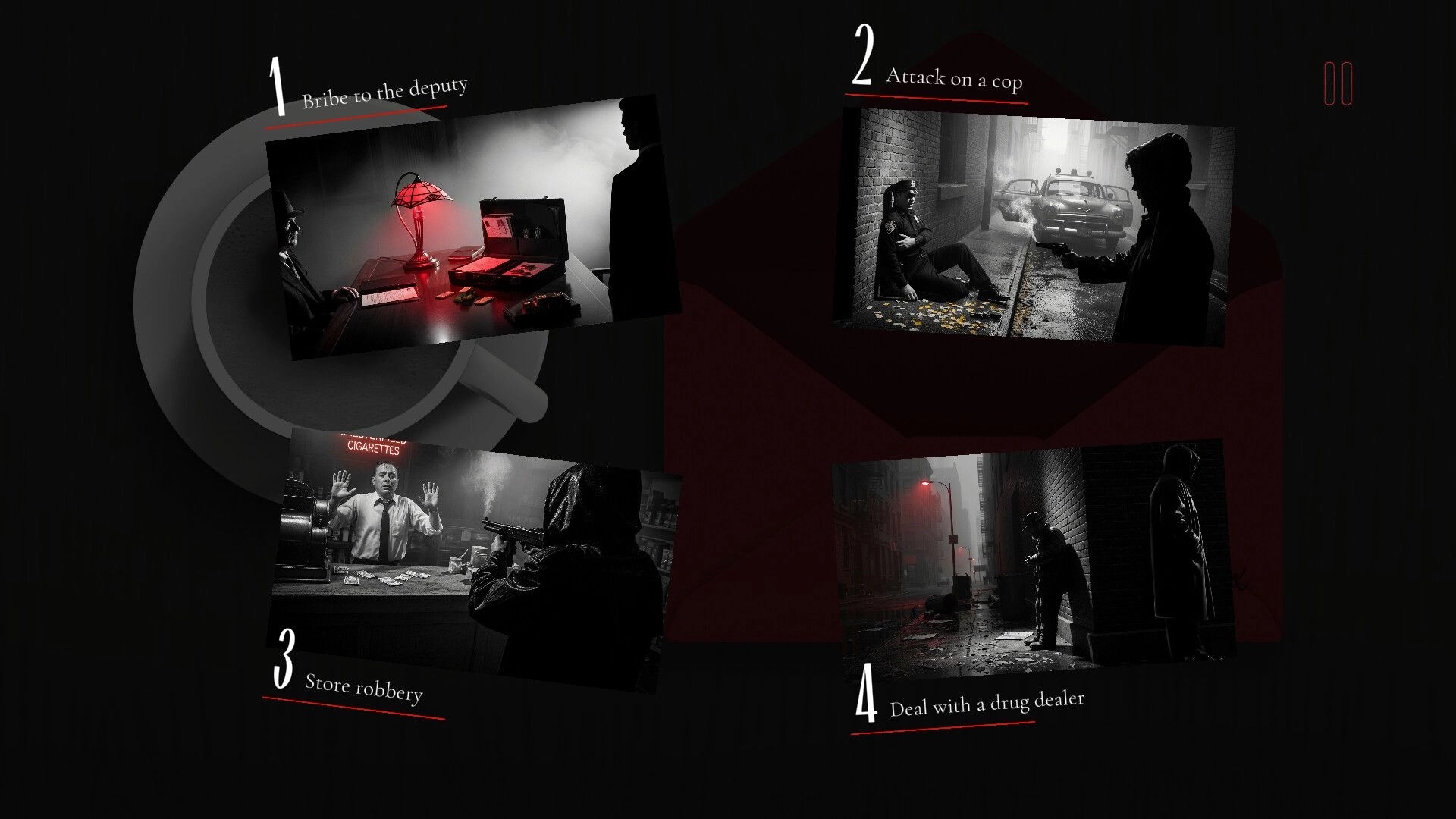 Omertà: Mission selection screen featuring bribery, attack, robbery, and drug deal in noir style.