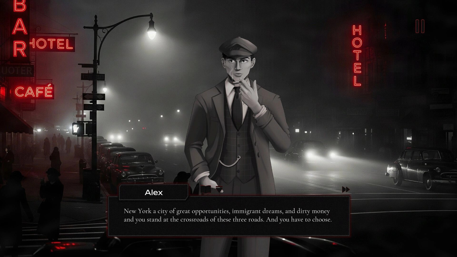 Omertà: Alex in 1950s New York street, dialogue box with choices below, red neon signs in background.
