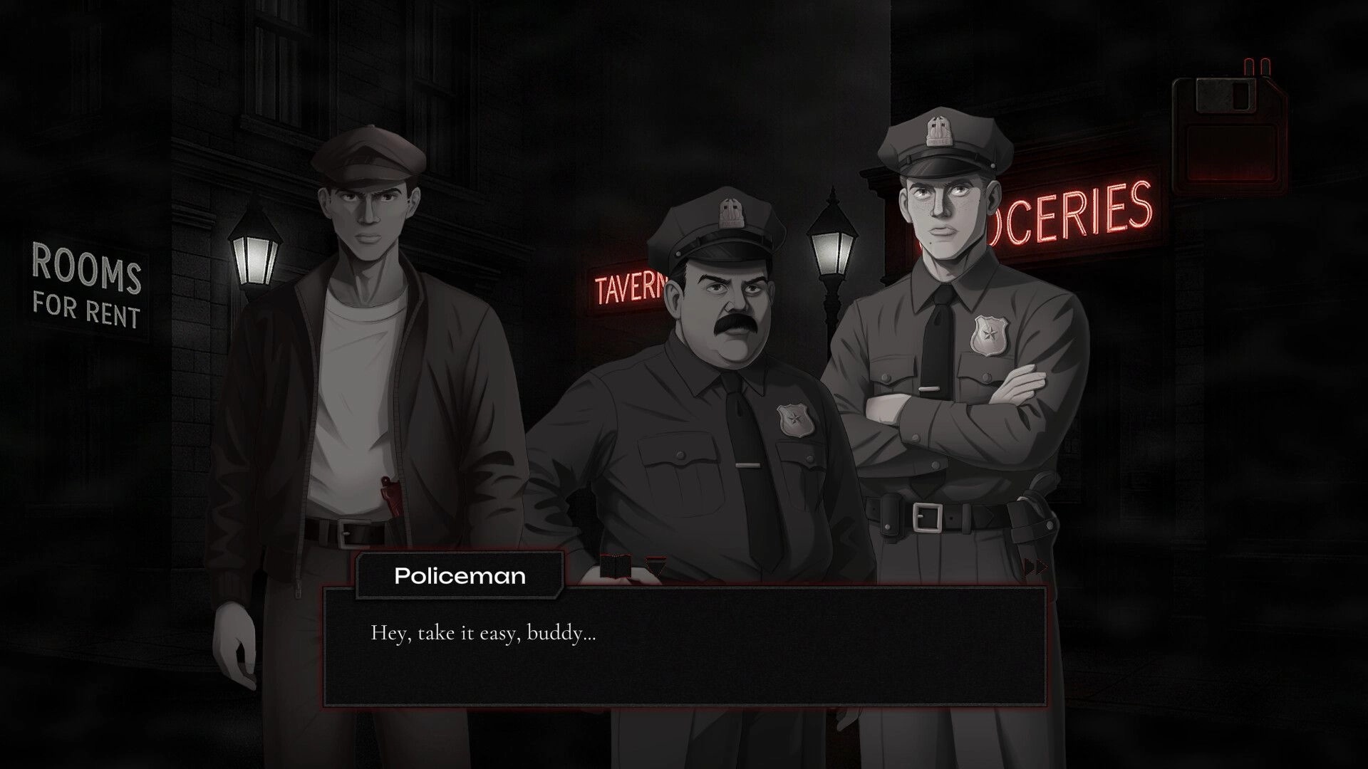 Omertà: Three policemen confront a man in a dark street with neon signs for tavern and groceries.