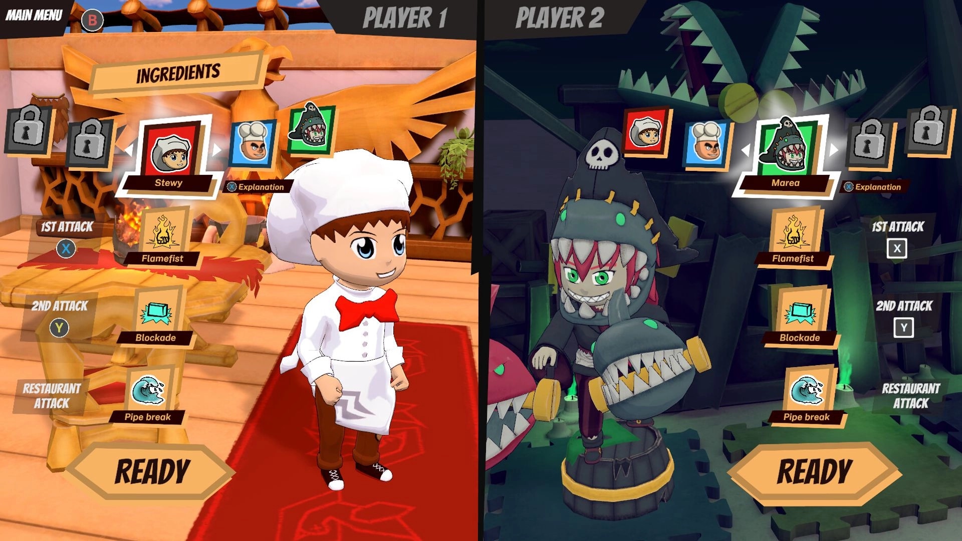 Ominous Stew: Character selection with Stewy and Marea, showing attack options and ready status