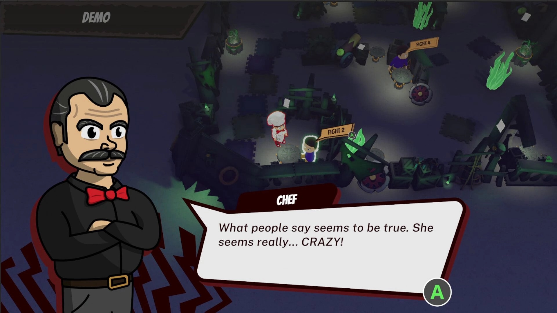 Ominous Stew: Chef character dialogue with cooking arena overview and glowing green elements