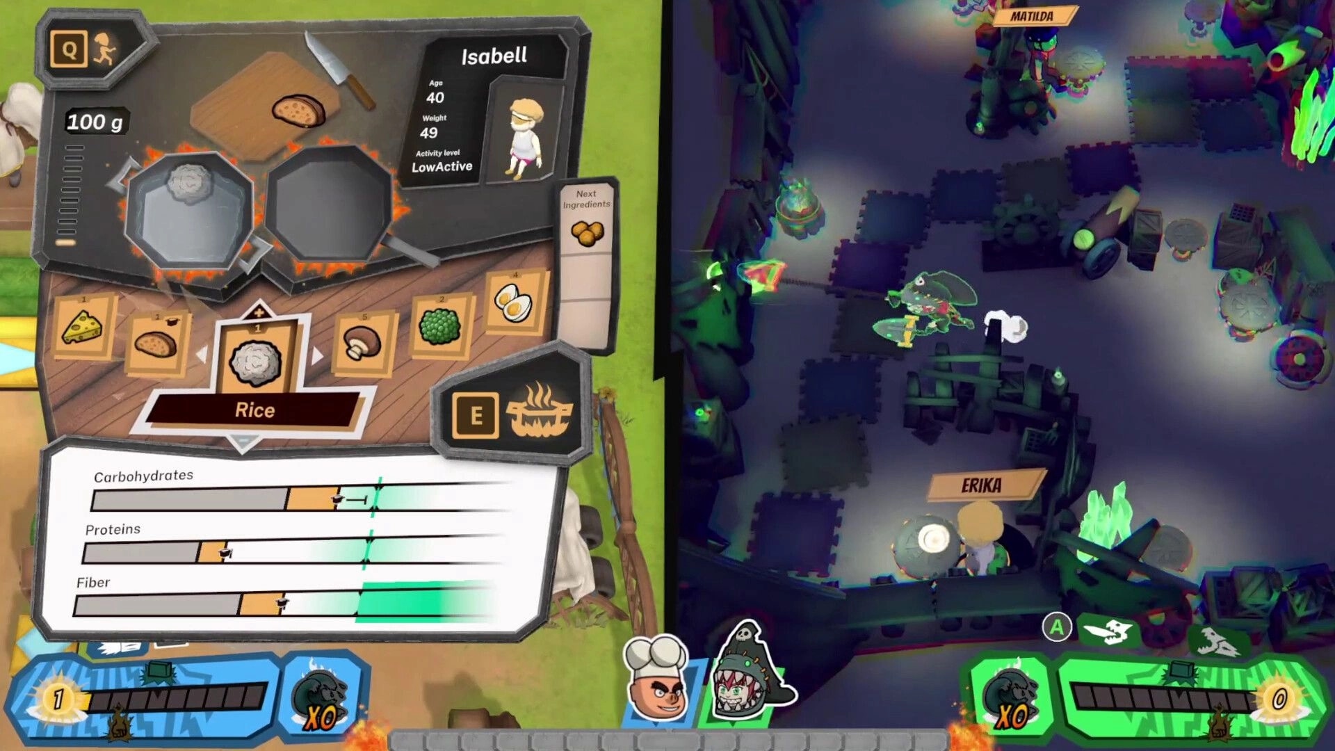 Ominous Stew: Isabel prepares rice in kitchen interface while Erika navigates maze with glowing elements.