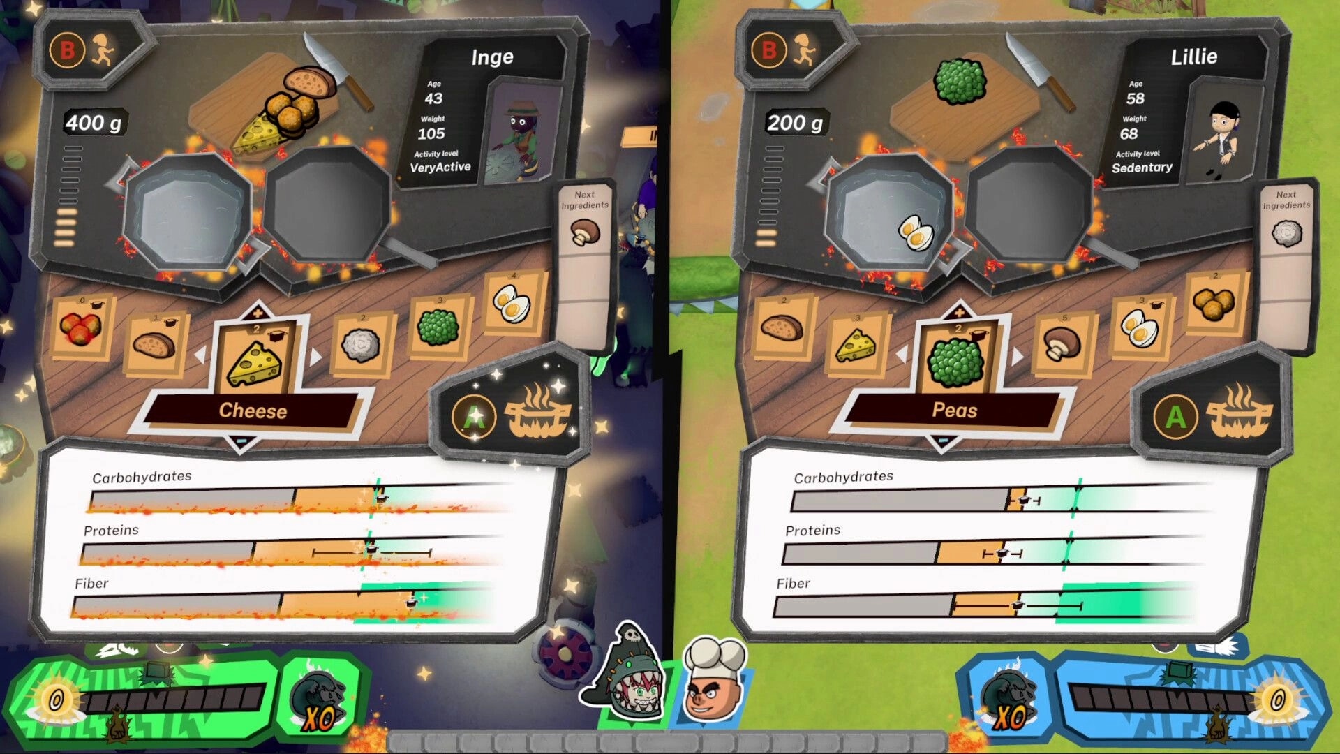 Ominous Stew: Duel interface with Inge and Lillie preparing dishes, showing ingredient choices and stats