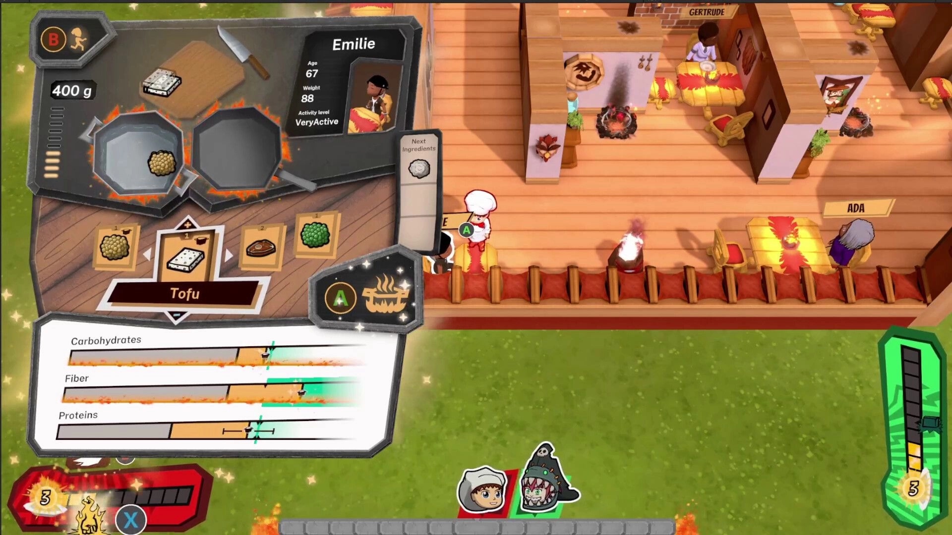 Ominous Stew: Player selects tofu in cooking duel with nutritional stats and kitchen environment visible.