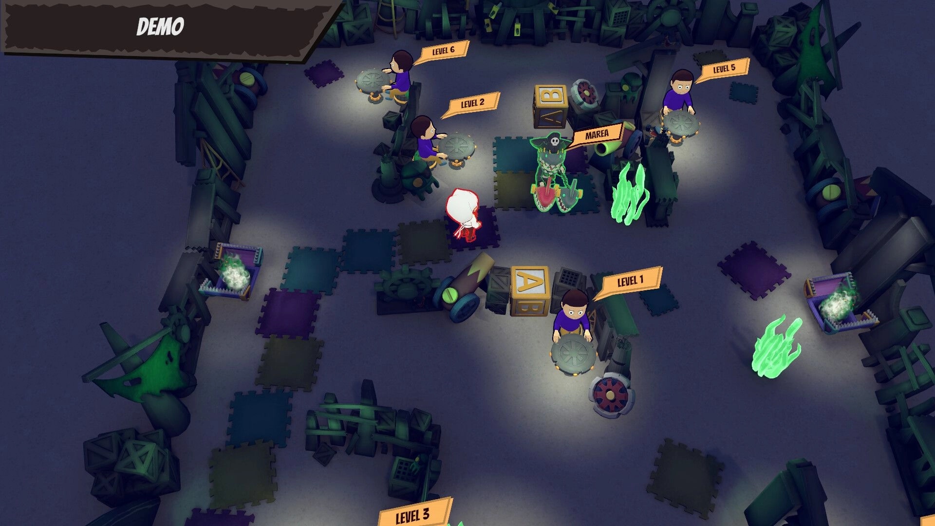 Ominous Stew: Top-down view of level selection area with characters and glowing green elements