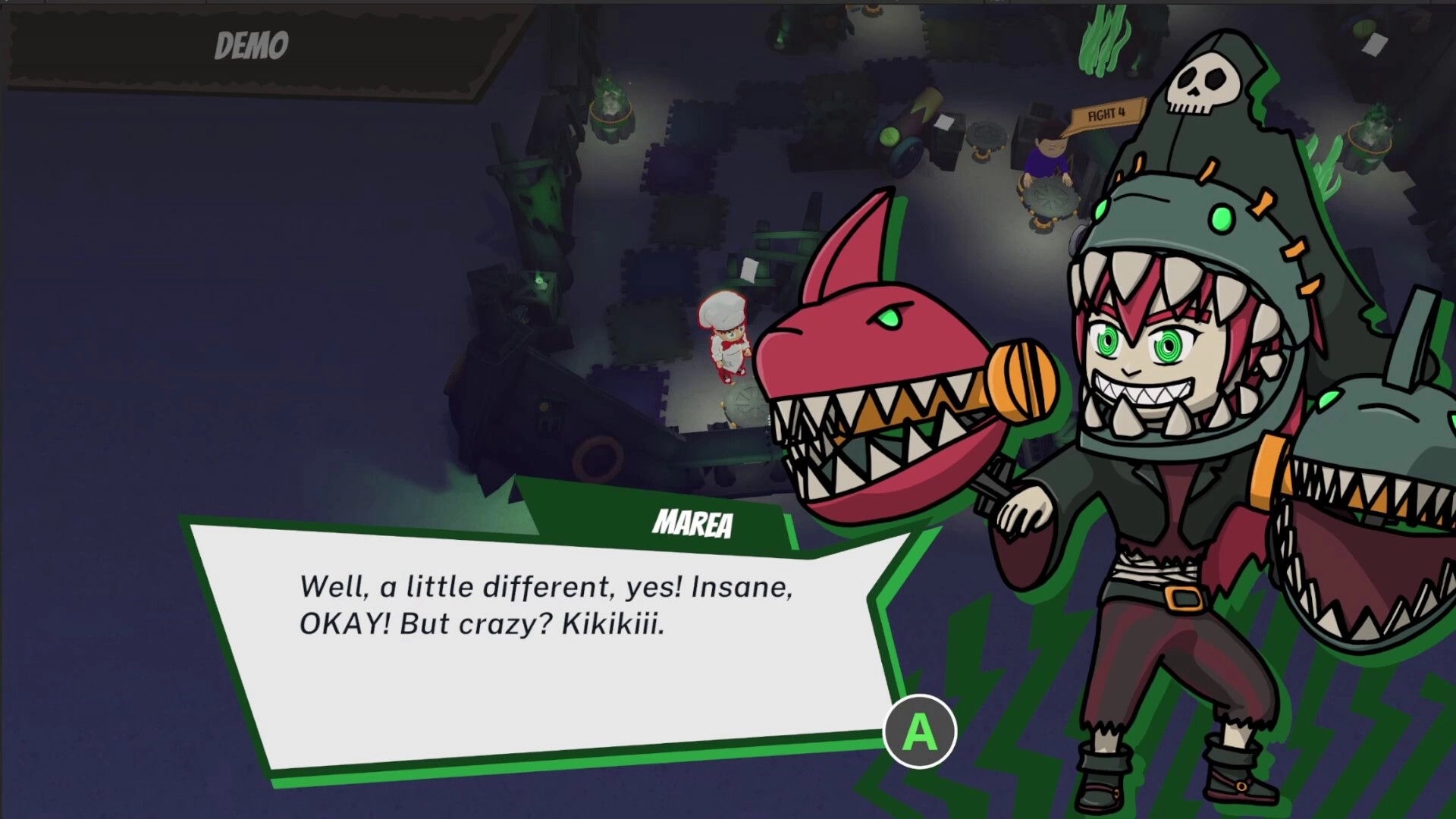 Ominous Stew: Marea character dialogue with mysterious kitchen setting and interactive options visible.