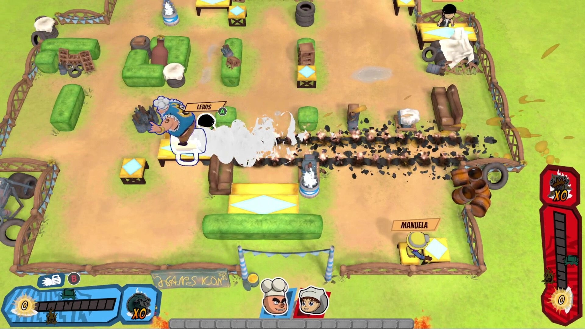 Ominous Stew: Lewis deploys a smoke attack in a vibrant outdoor arena against opponent Manuela