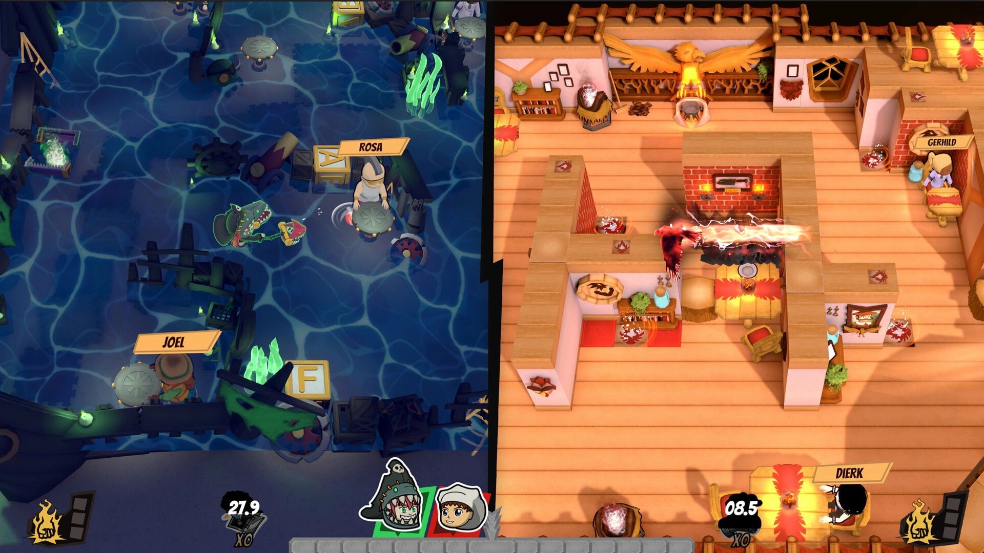 Ominous Stew: Joel and Rosa duel in a watery arena; Gerhild and Dierk battle in a cozy wooden kitchen.