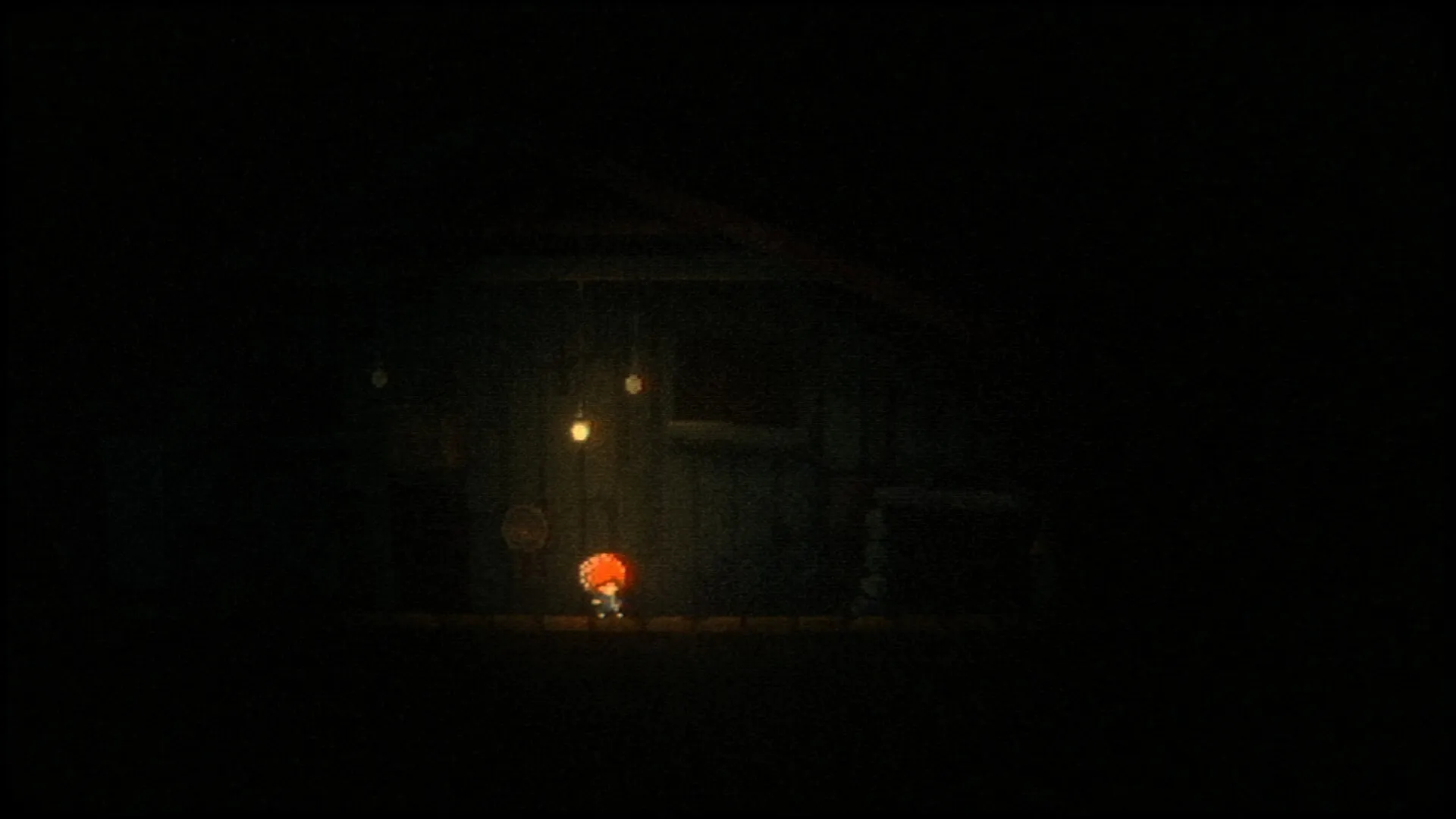 OMUT: Character with glowing red aura walking past a dimly lit, eerie wooden cabin at night.
