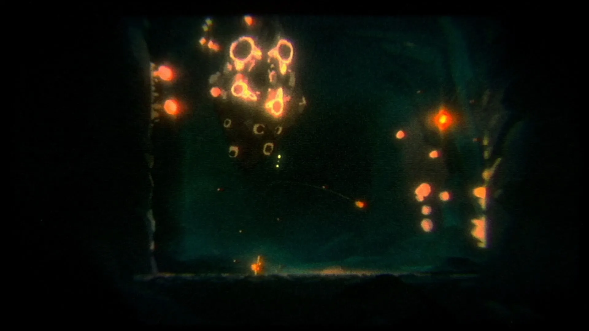 OMUT: Player faces glowing, tentacled monster in dark cavern filled with eerie lights and shadows