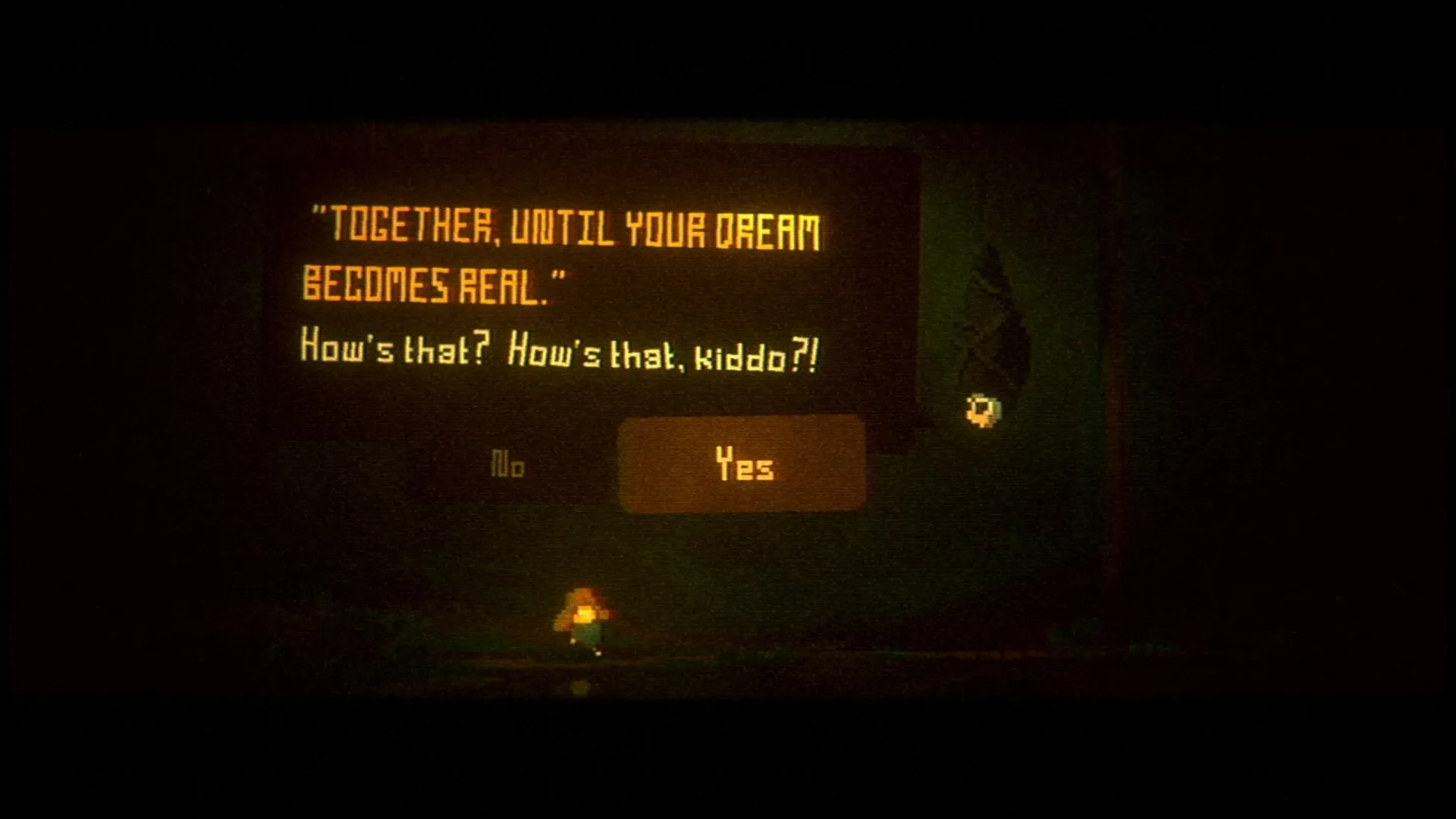 OMUT: Dialogue choice prompt with options "Yes" and "No" in a dark, eerie environment