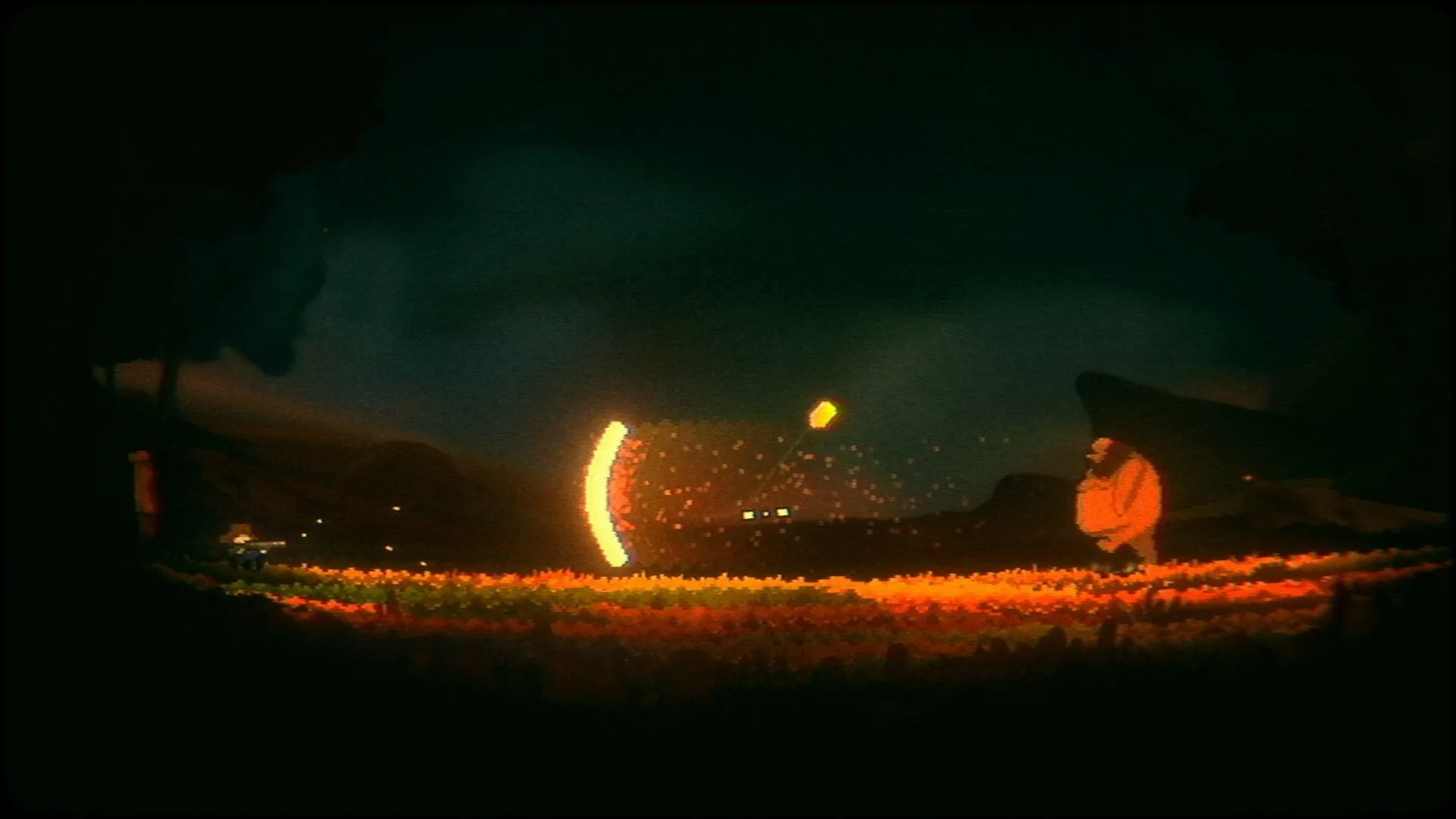OMUT: Player engaged in intense boss fight, shooting at glowing creature in dark, eerie landscape