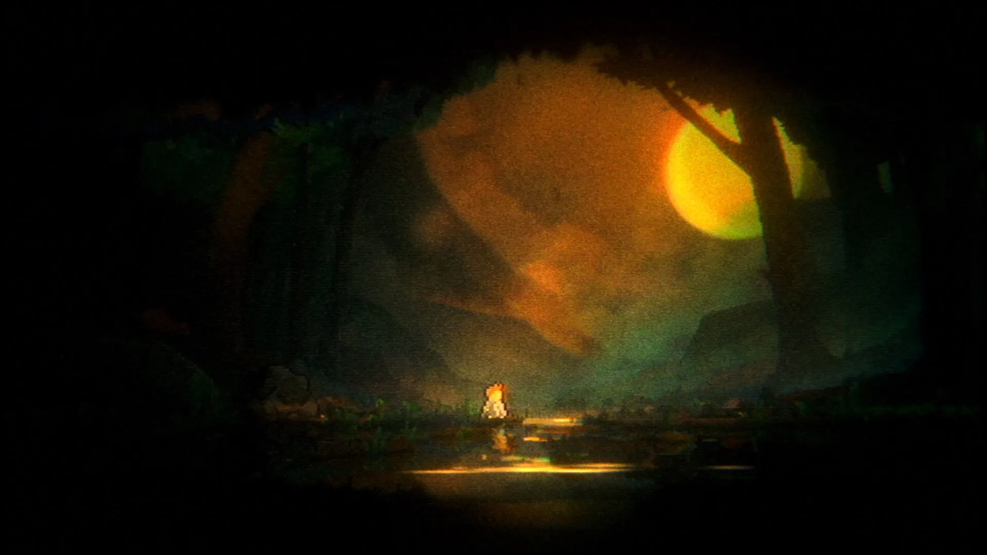 OMUT: Lone character stands in a dark forest as an eerie orange moon glows in the night sky.